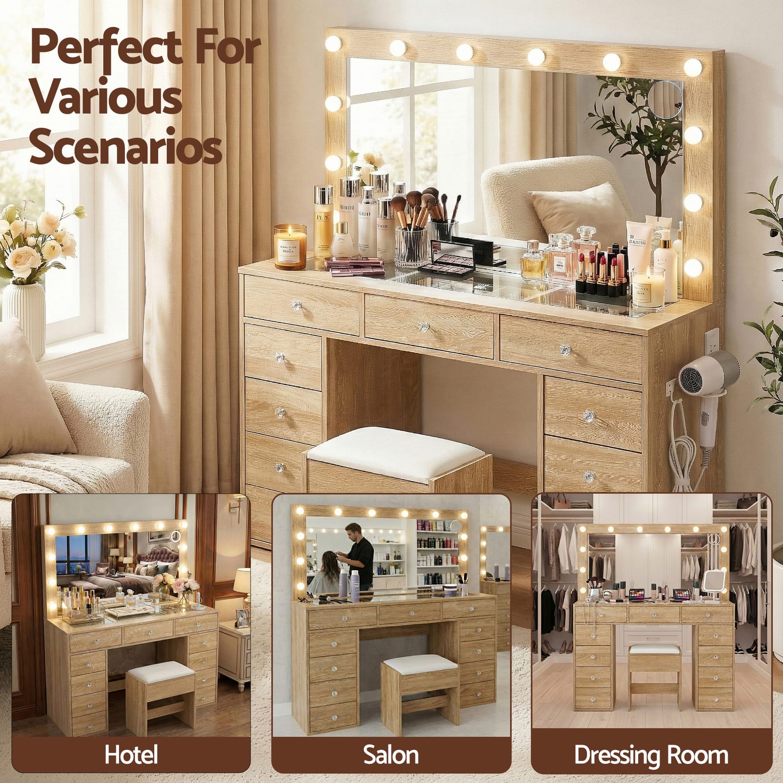 Vanity Desk Set With LED Lights 120x35x142cm