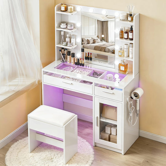 Vanity Desk White LED Lights 90x40x142cm