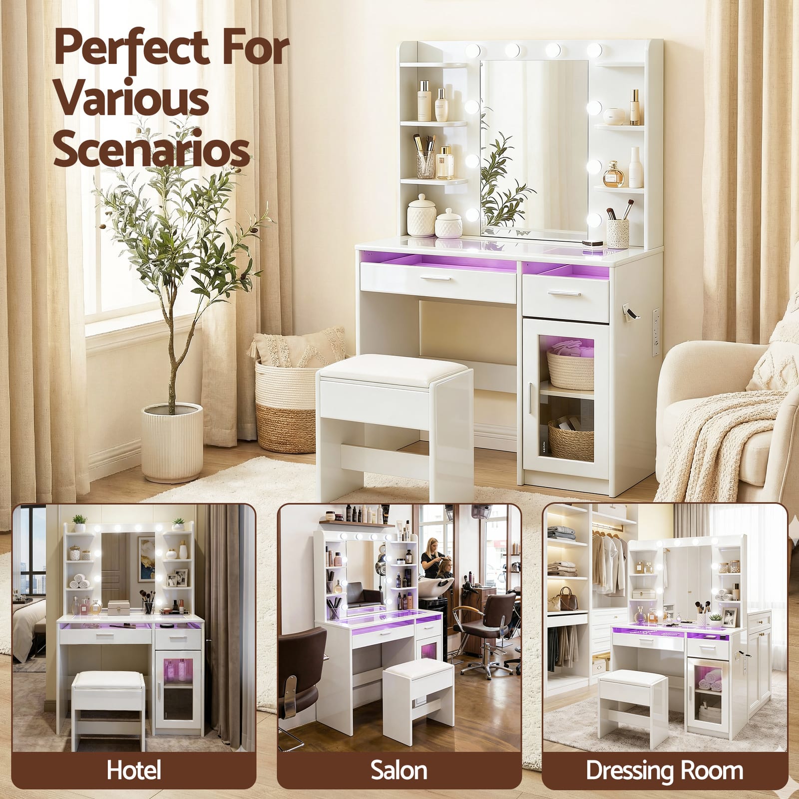 Vanity Desk White LED Lights 90x40x142cm