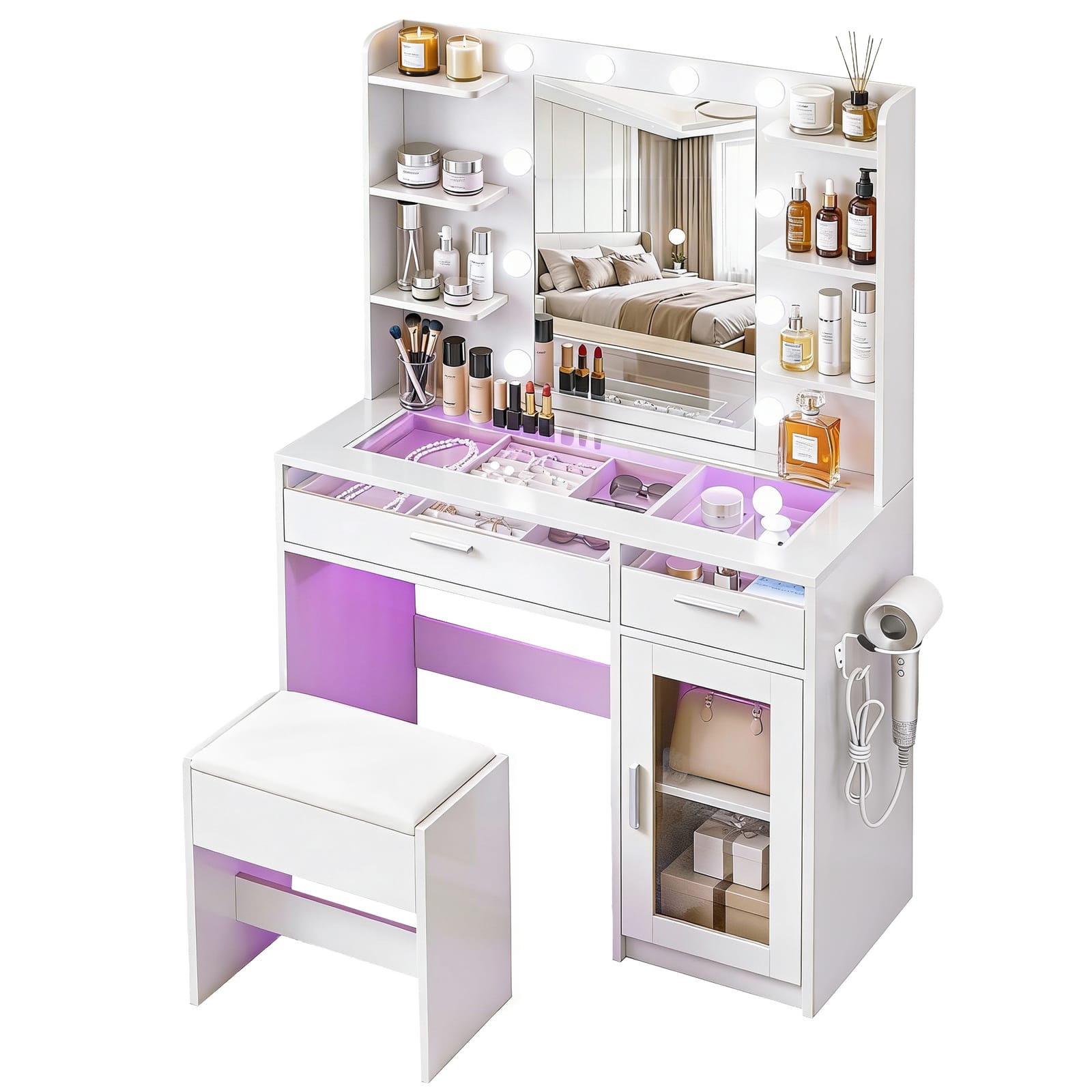 Vanity Desk White LED Lights 90x40x142cm