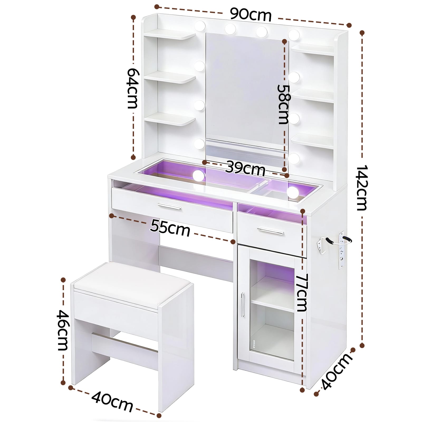 Vanity Desk White LED Lights 90x40x142cm