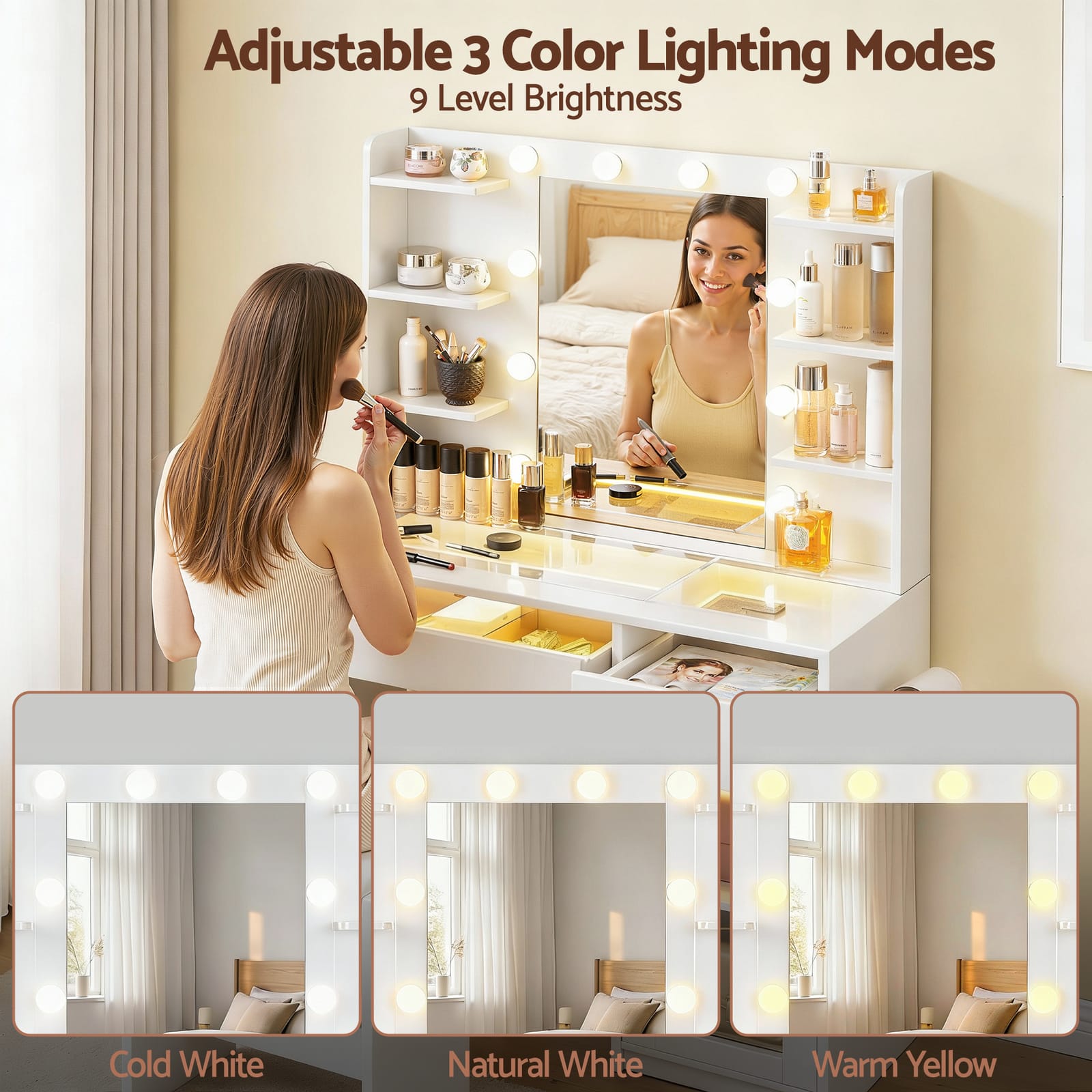 Vanity Desk White LED Lights 90x40x142cm
