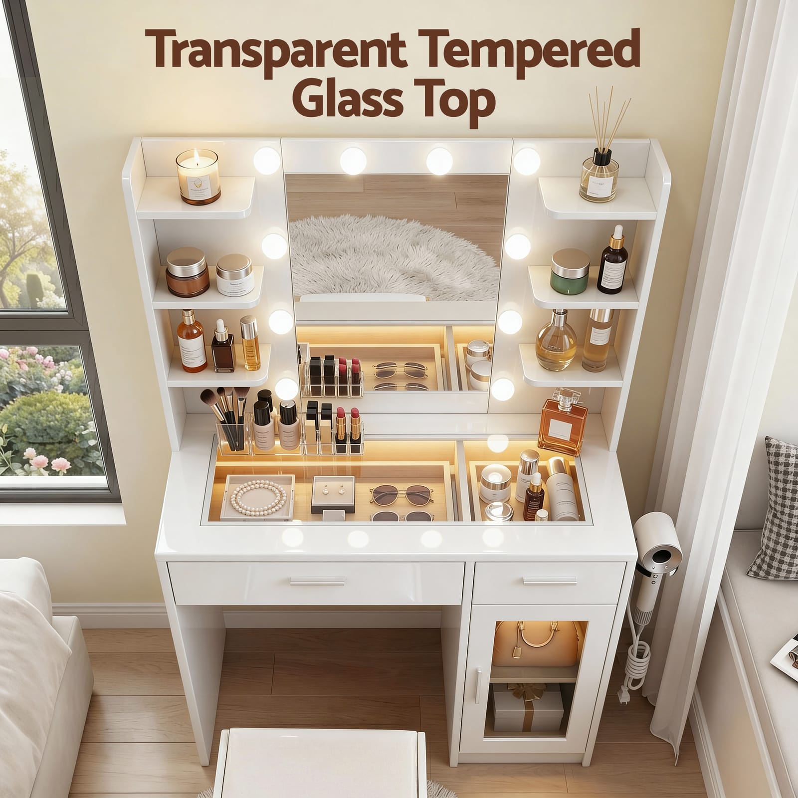 Vanity Desk White LED Lights 90x40x142cm