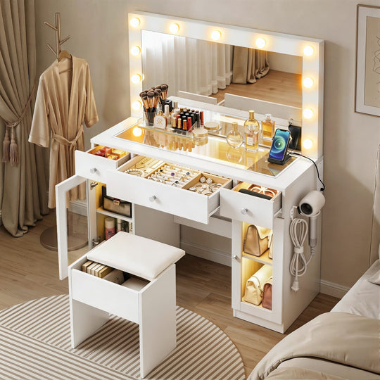 Dressing Table Vanity Desk White LED 105x40x135cm