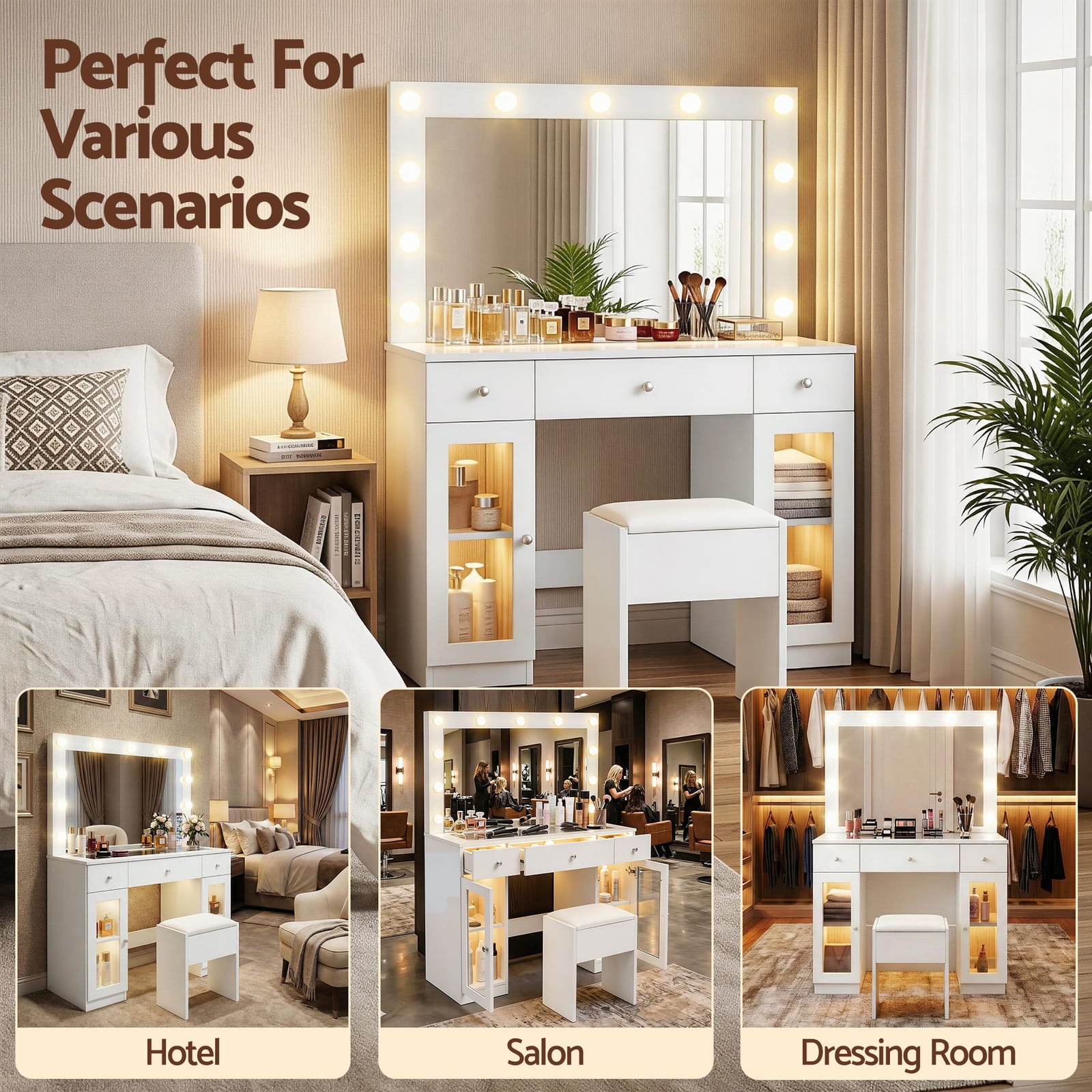 Dressing Table Vanity Desk White LED 105x40x135cm