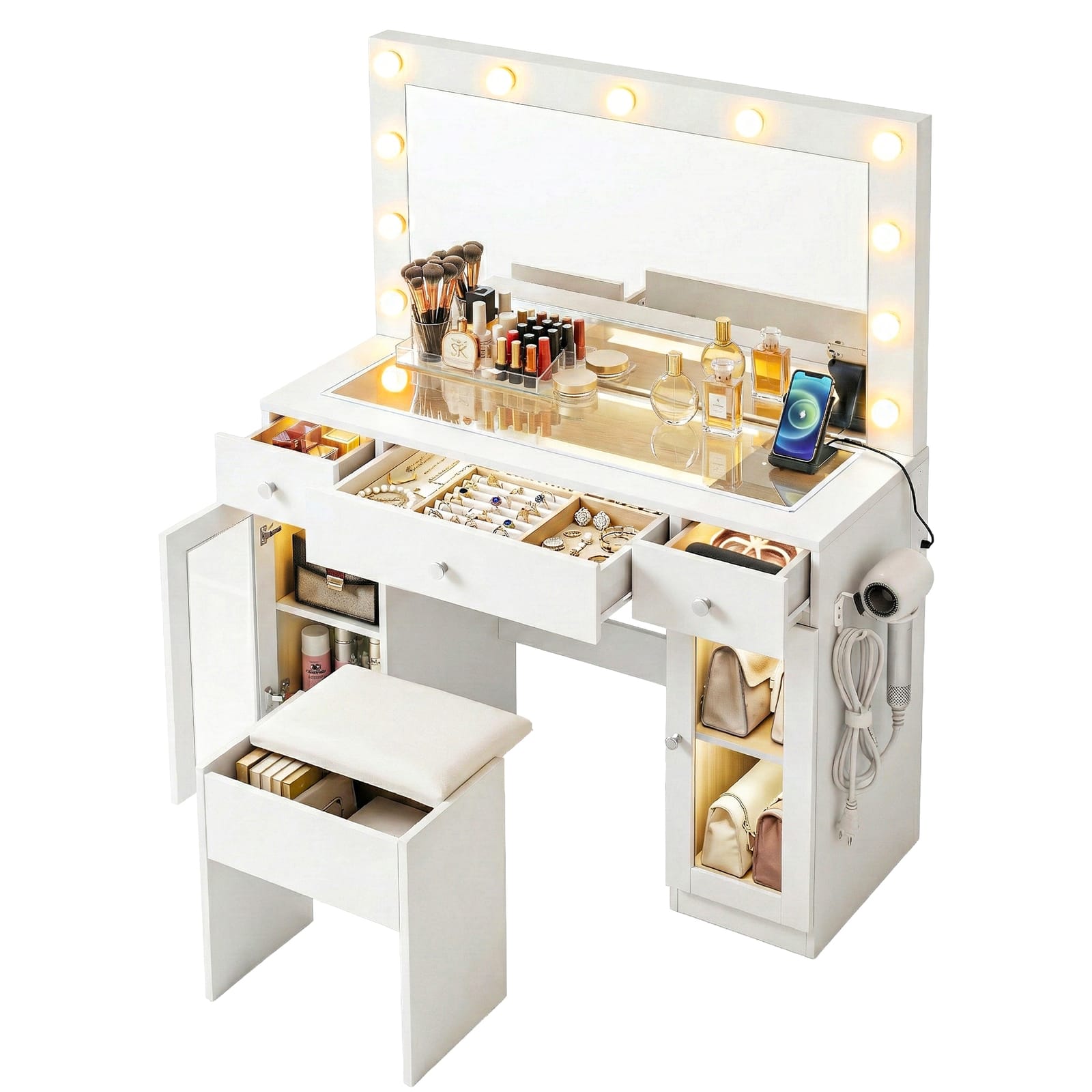 Dressing Table Vanity Desk White LED 105x40x135cm