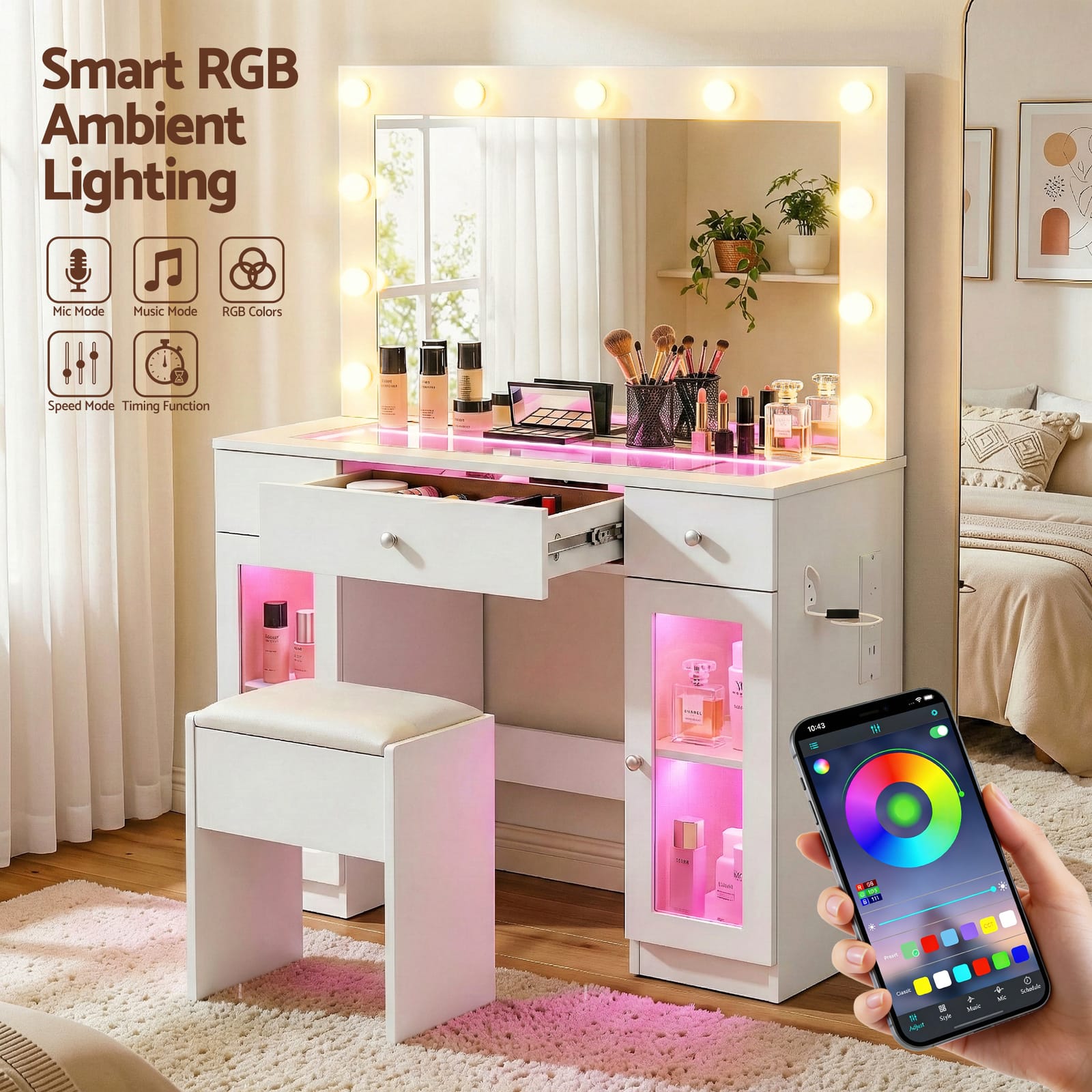 Dressing Table Vanity Desk White LED 105x40x135cm