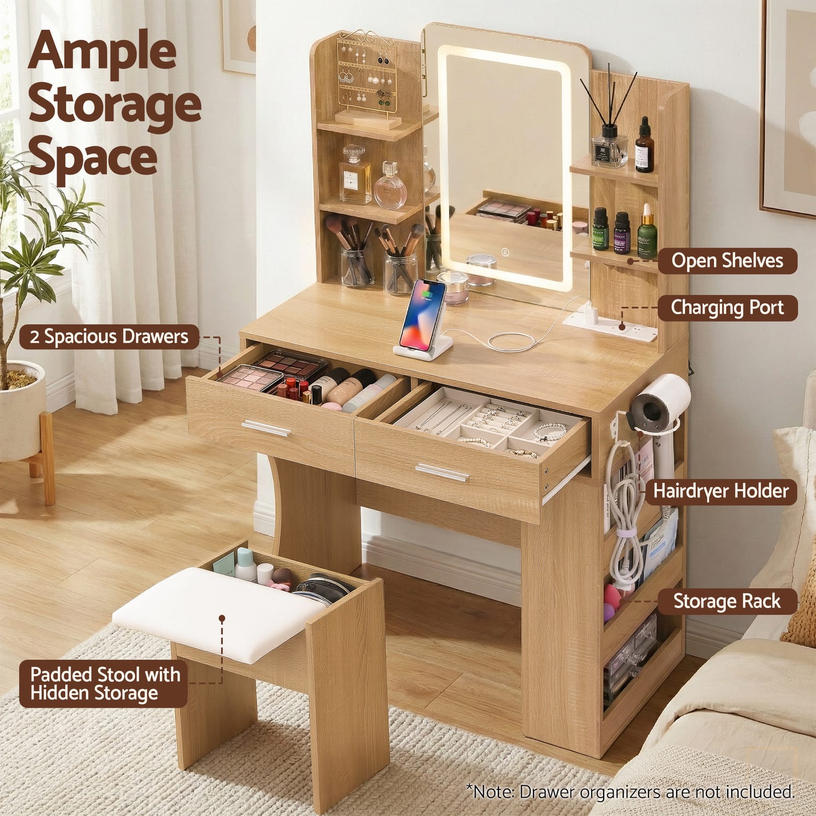 Vanity Desk Set With Stool 80x40x135cm
