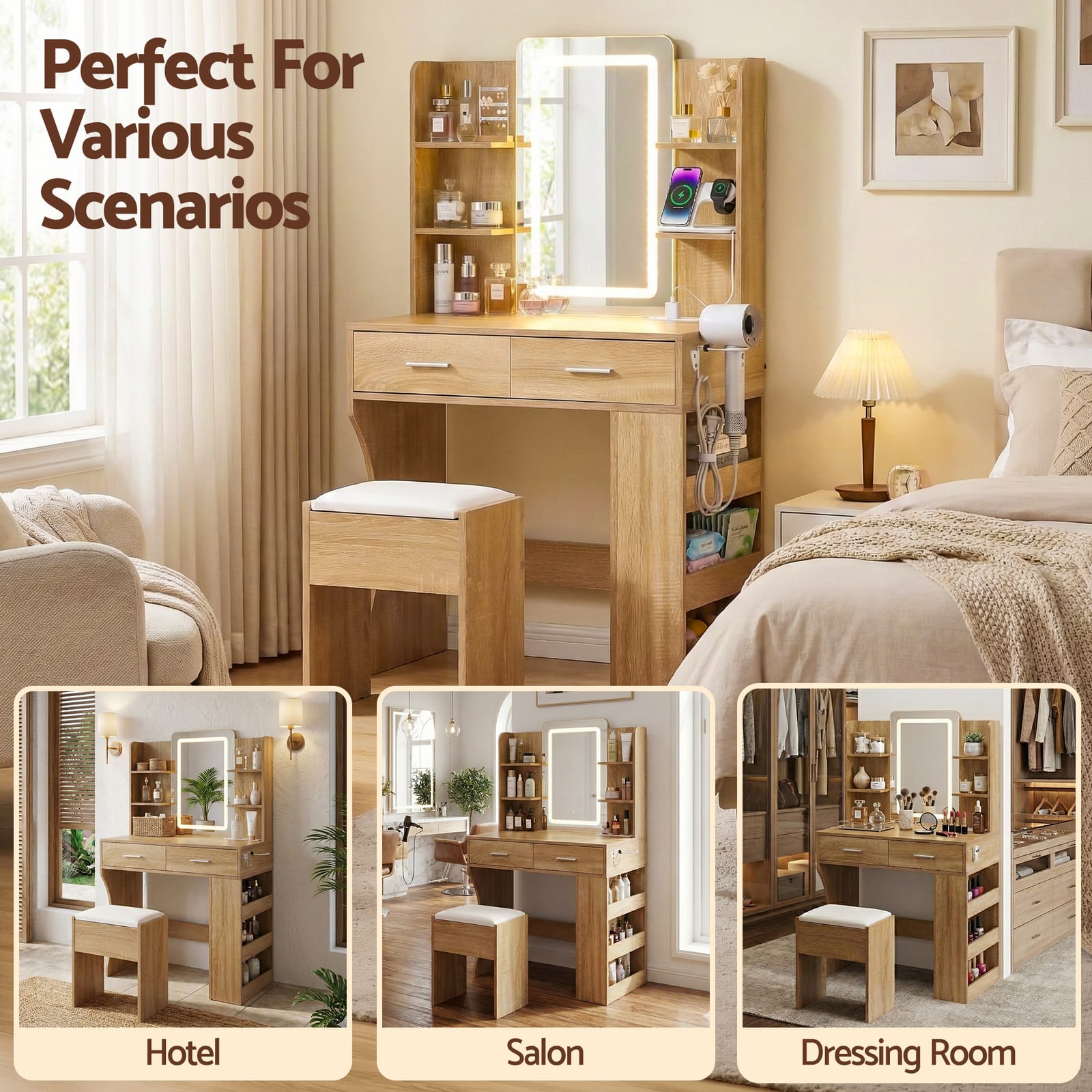 Vanity Desk Set With Stool 80x40x135cm