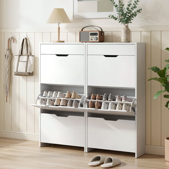 Shoe Cabinet Set 2 High Gloss White Flip Drawer - Shoe Storage