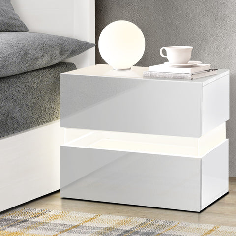 Bedside Table 2 Drawers RGB LED Cabinet White