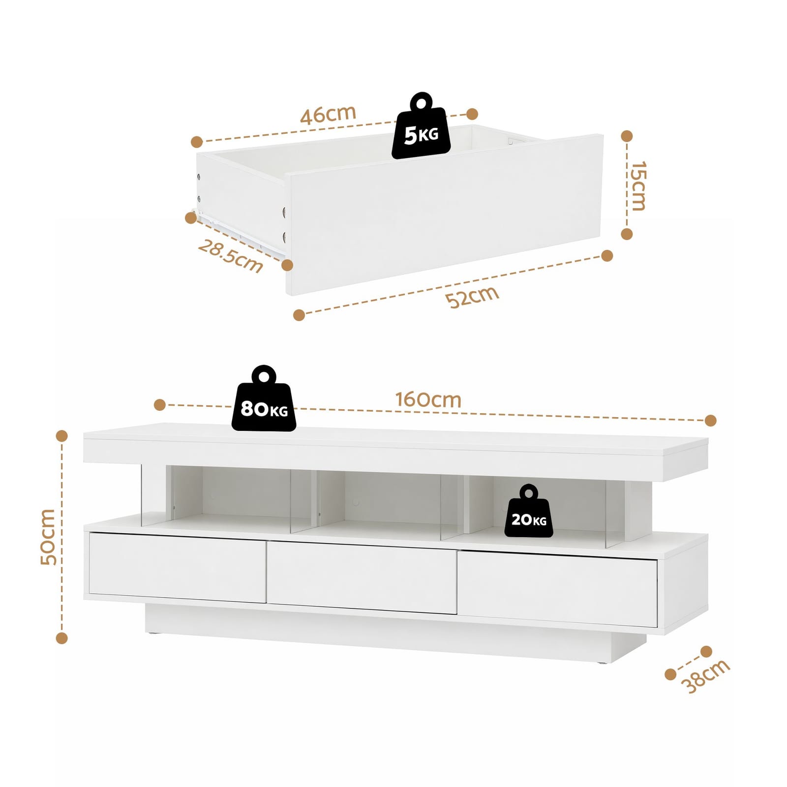 Tv Unit With Led Lighting White 160x38x50cm