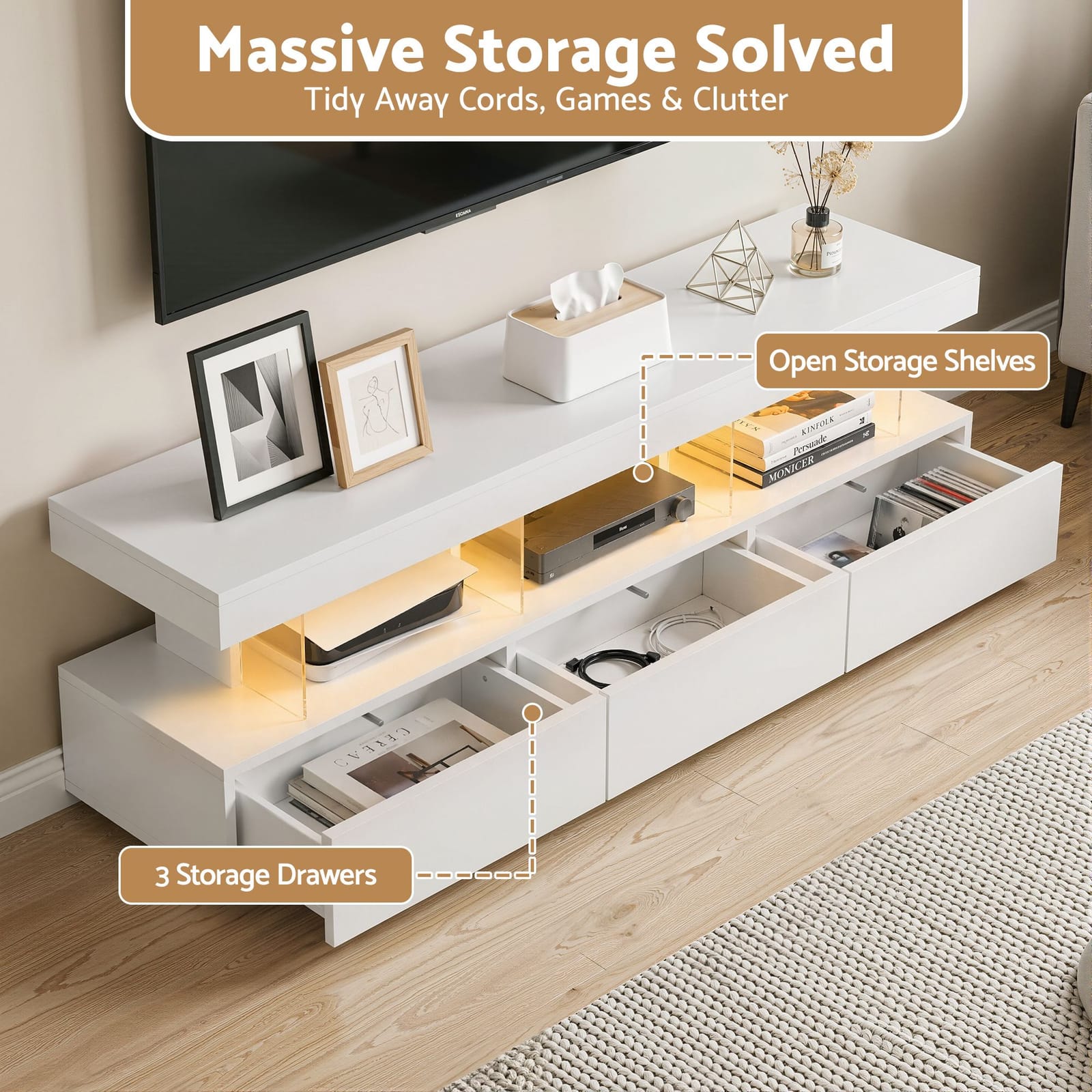 Tv Unit With Led Lighting White 160x38x50cm