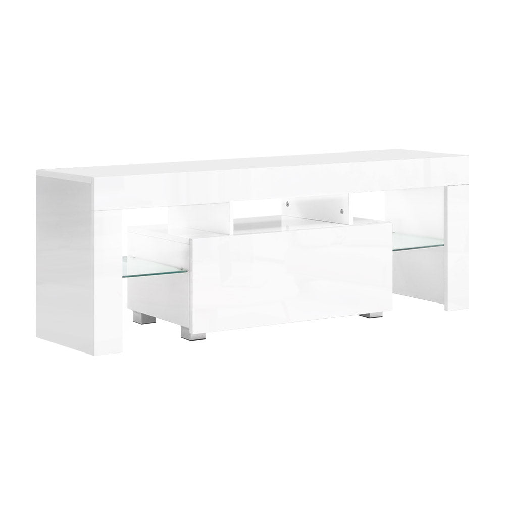 130cm RGB TV Stand Cabinet Entertainment Unit Gloss Furniture Drawer Tempered Glass Shelf White