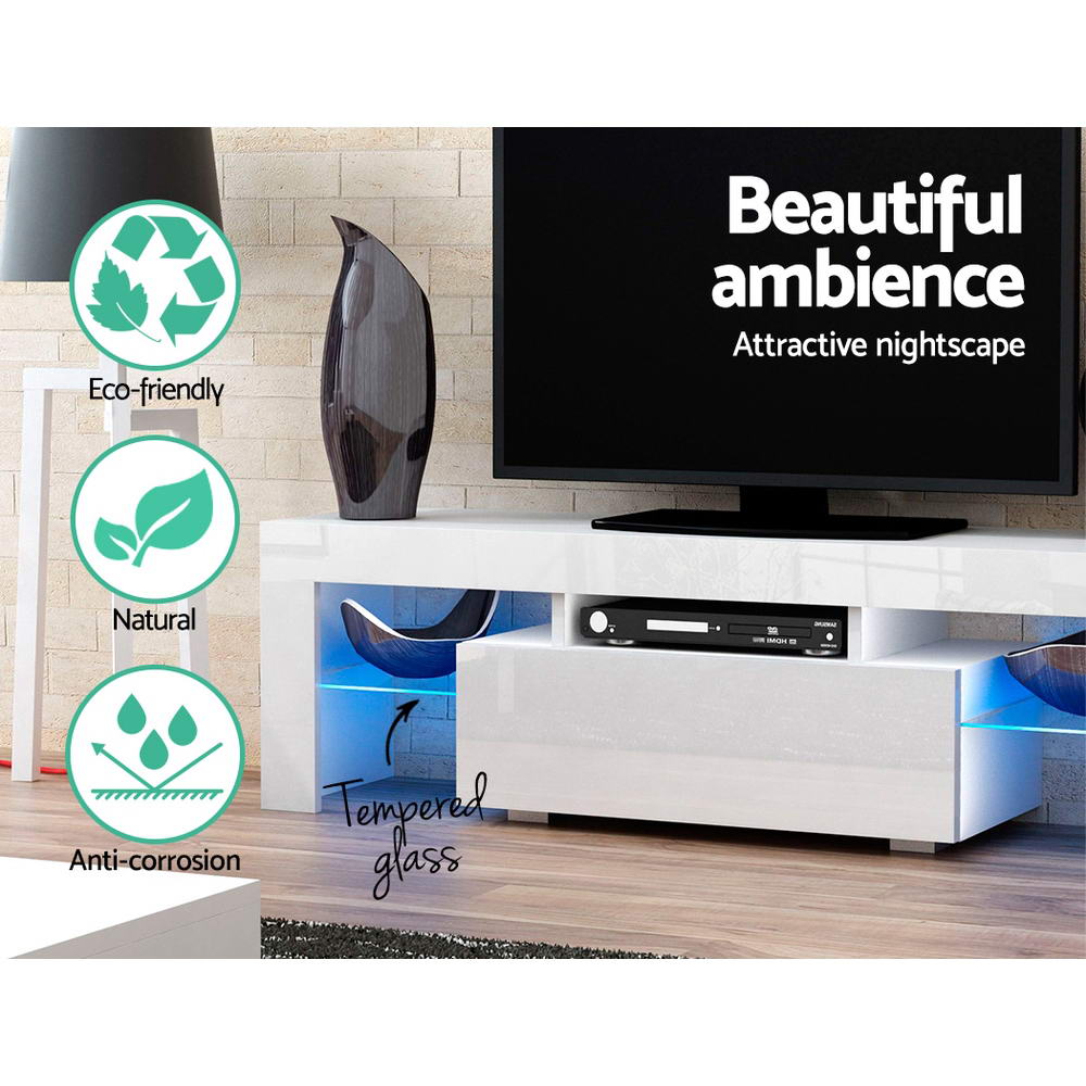 130cm RGB TV Stand Cabinet Entertainment Unit Gloss Furniture Drawer Tempered Glass Shelf White