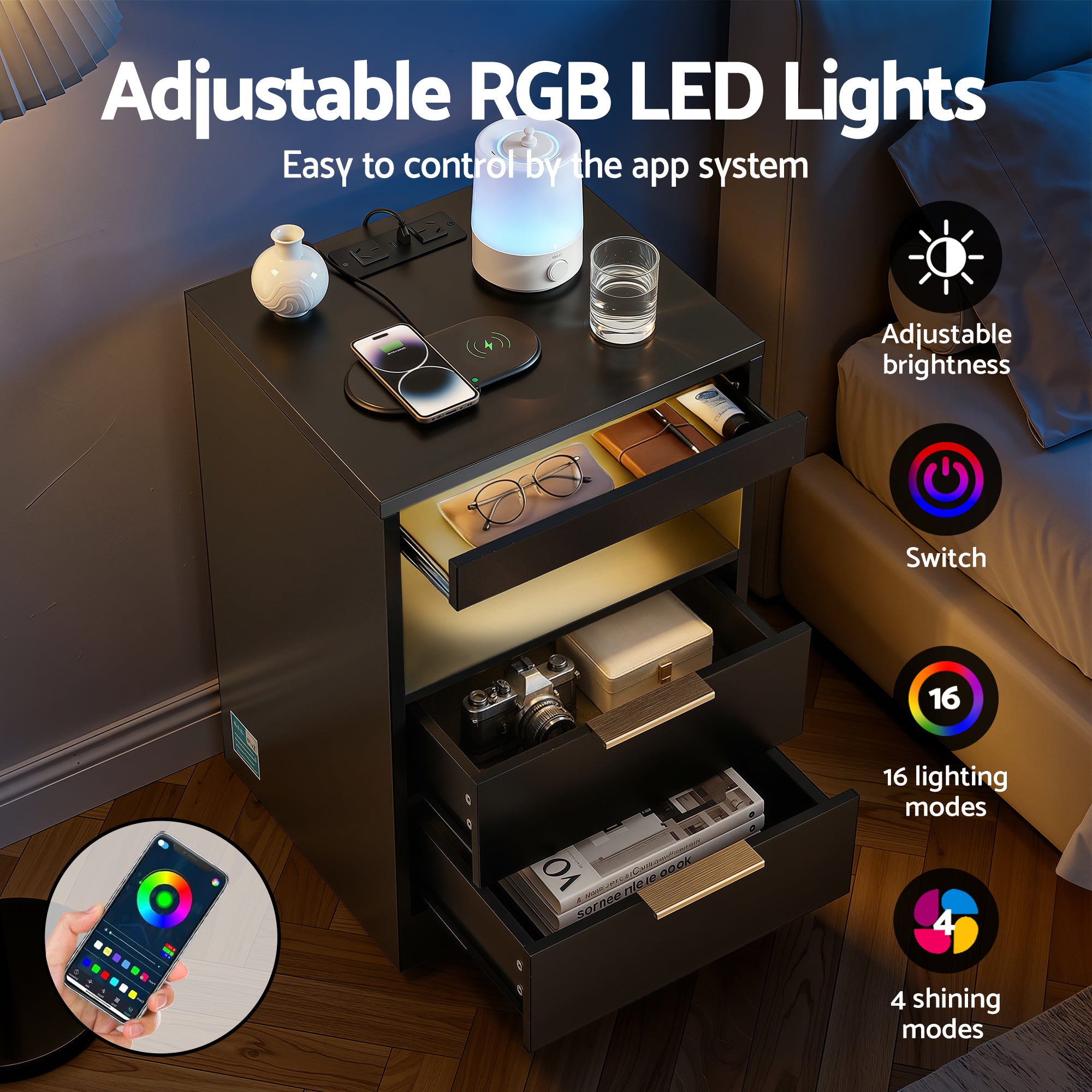 Artiss Bedside Table LED Nightstand Charging Station | Simpledeals