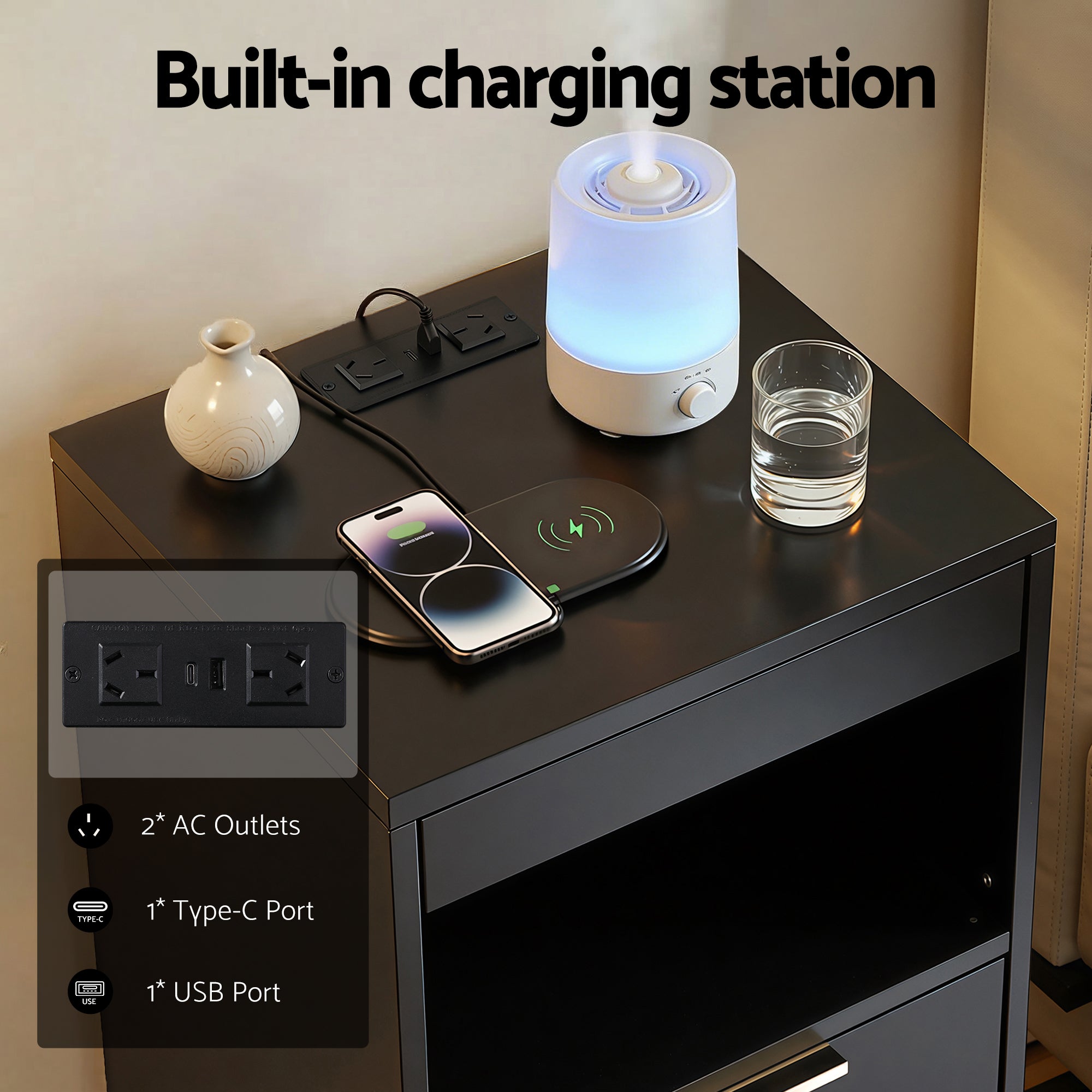 Artiss Bedside Table LED Nightstand Charging Station | Simpledeals