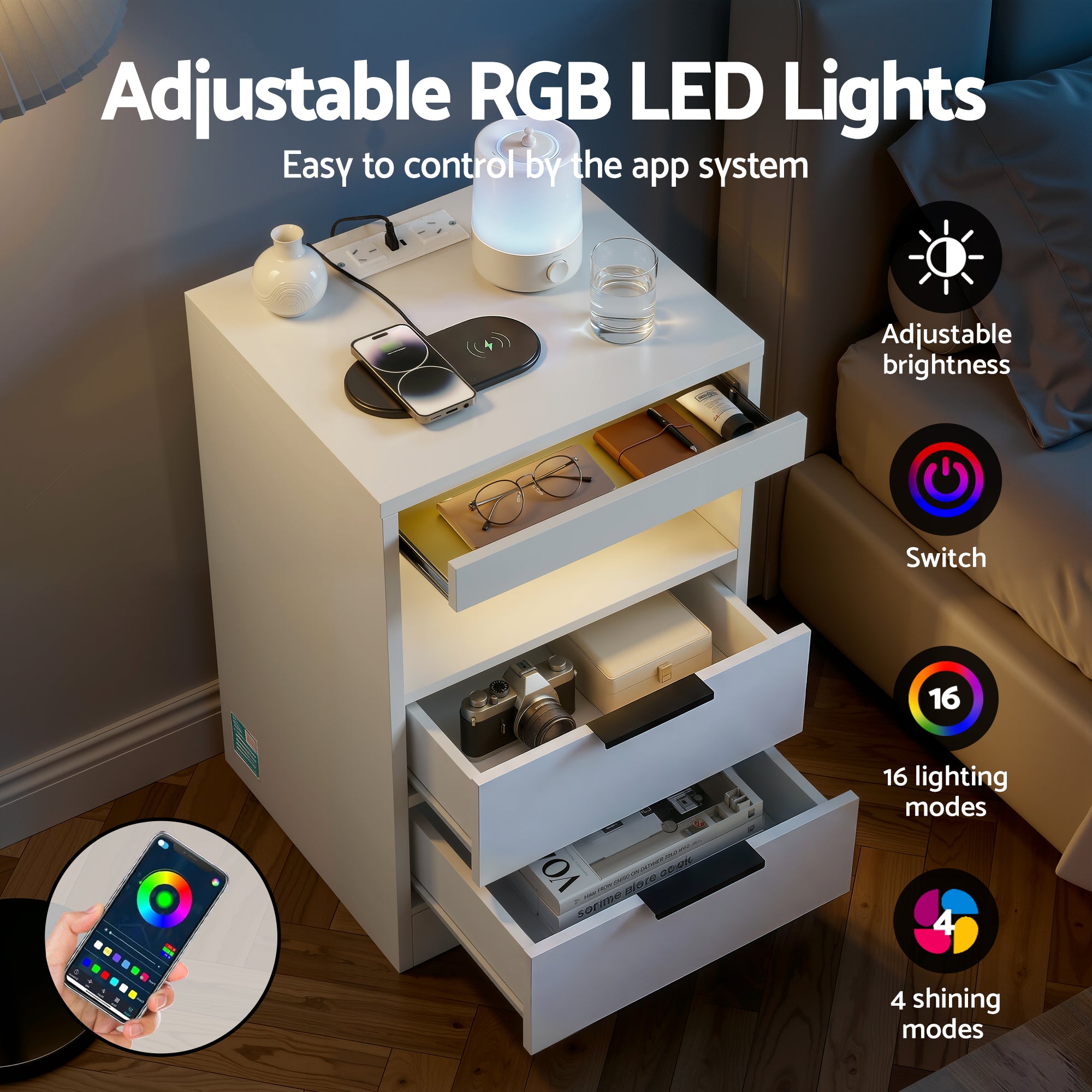 Artiss Bedside Table LED Nightstand Charging Station | Simpledeals