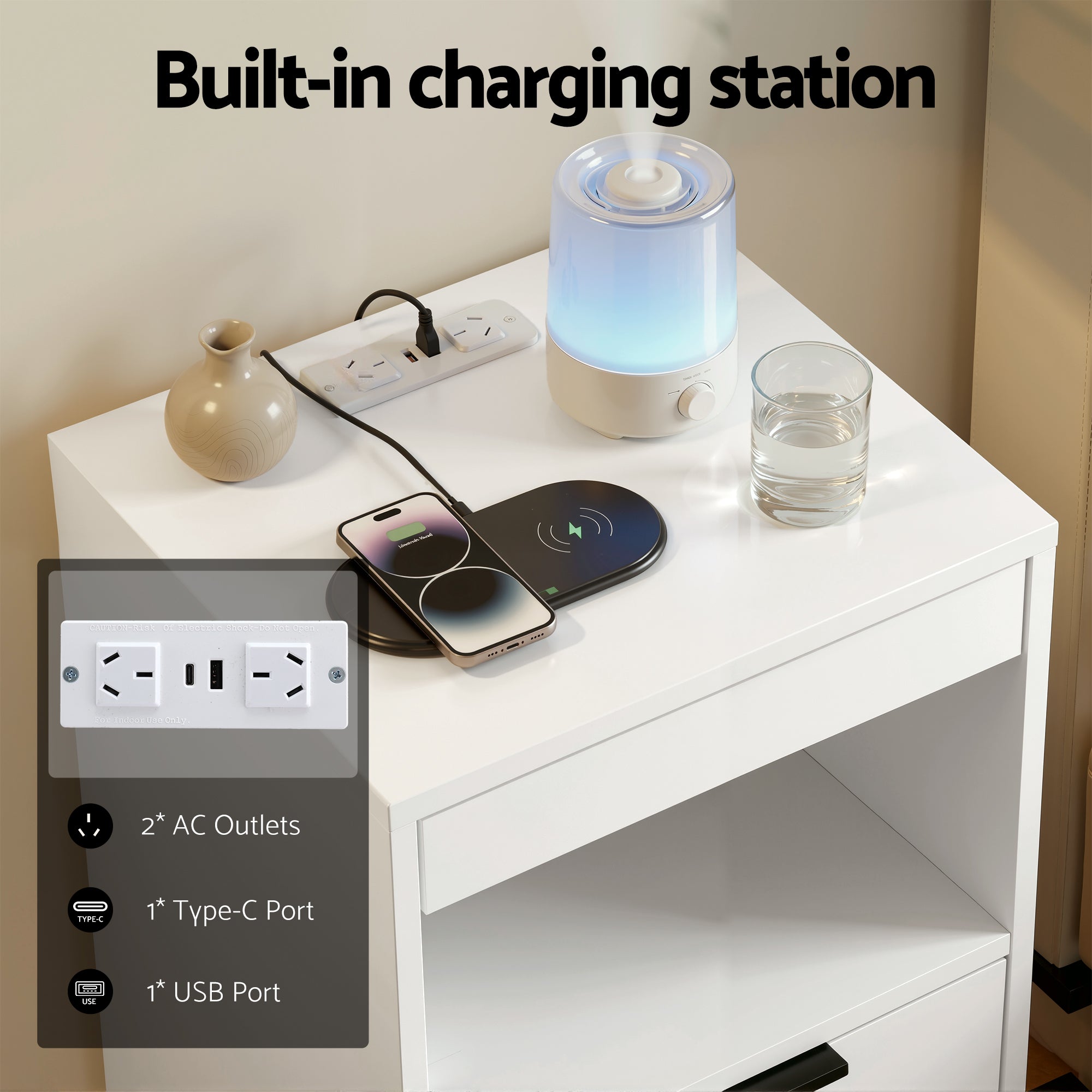 Artiss Bedside Table LED Nightstand Charging Station | Simpledeals