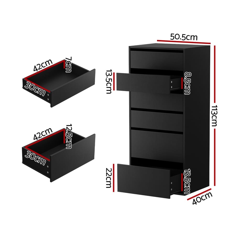 Tallboy Chest 6 Drawers Black 50.5x40x113cm