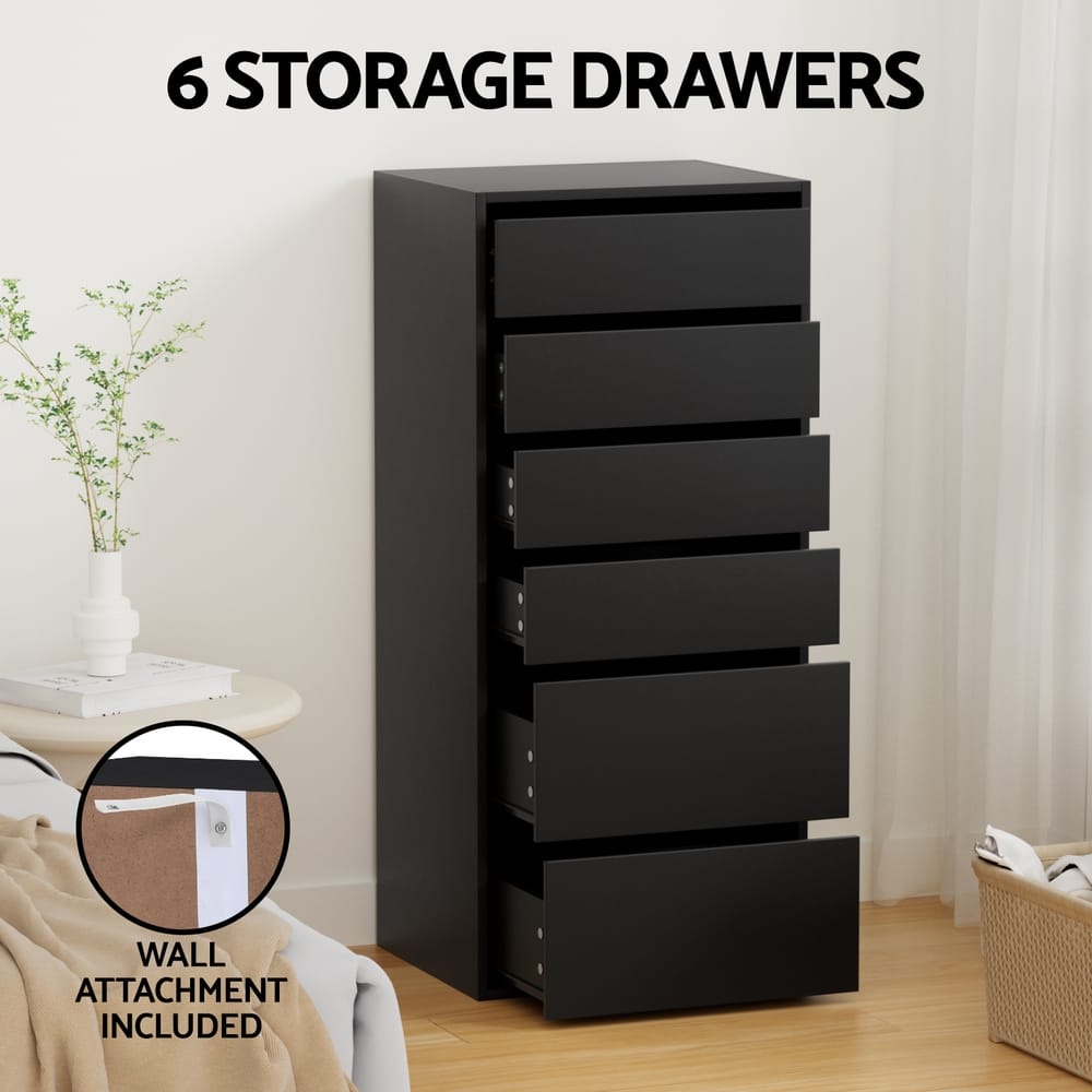 Tallboy Chest 6 Drawers Black 50.5x40x113cm