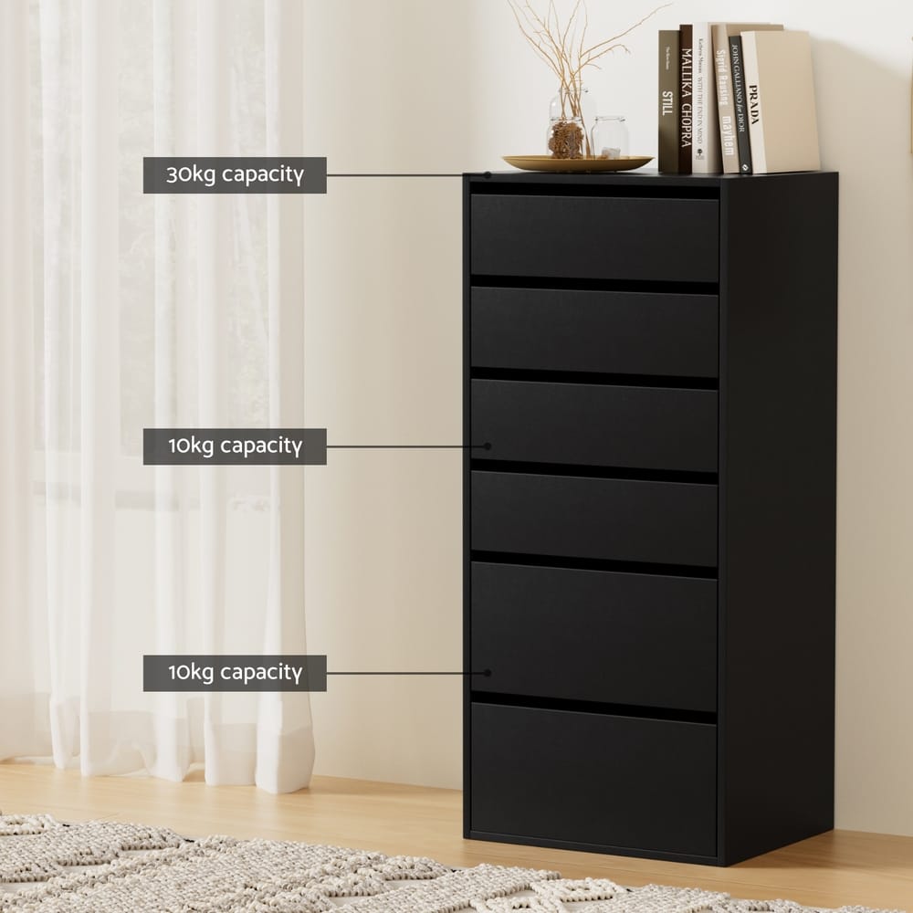 Tallboy Chest 6 Drawers Black 50.5x40x113cm