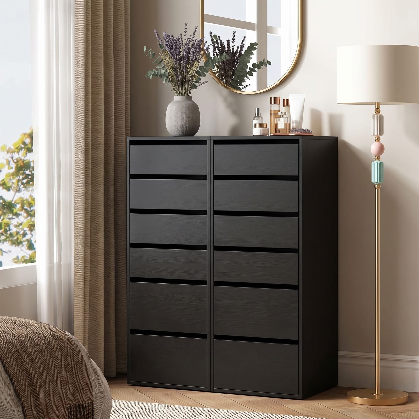 Tallboy Chest Black 6 Drawers 50.5x40x113cm