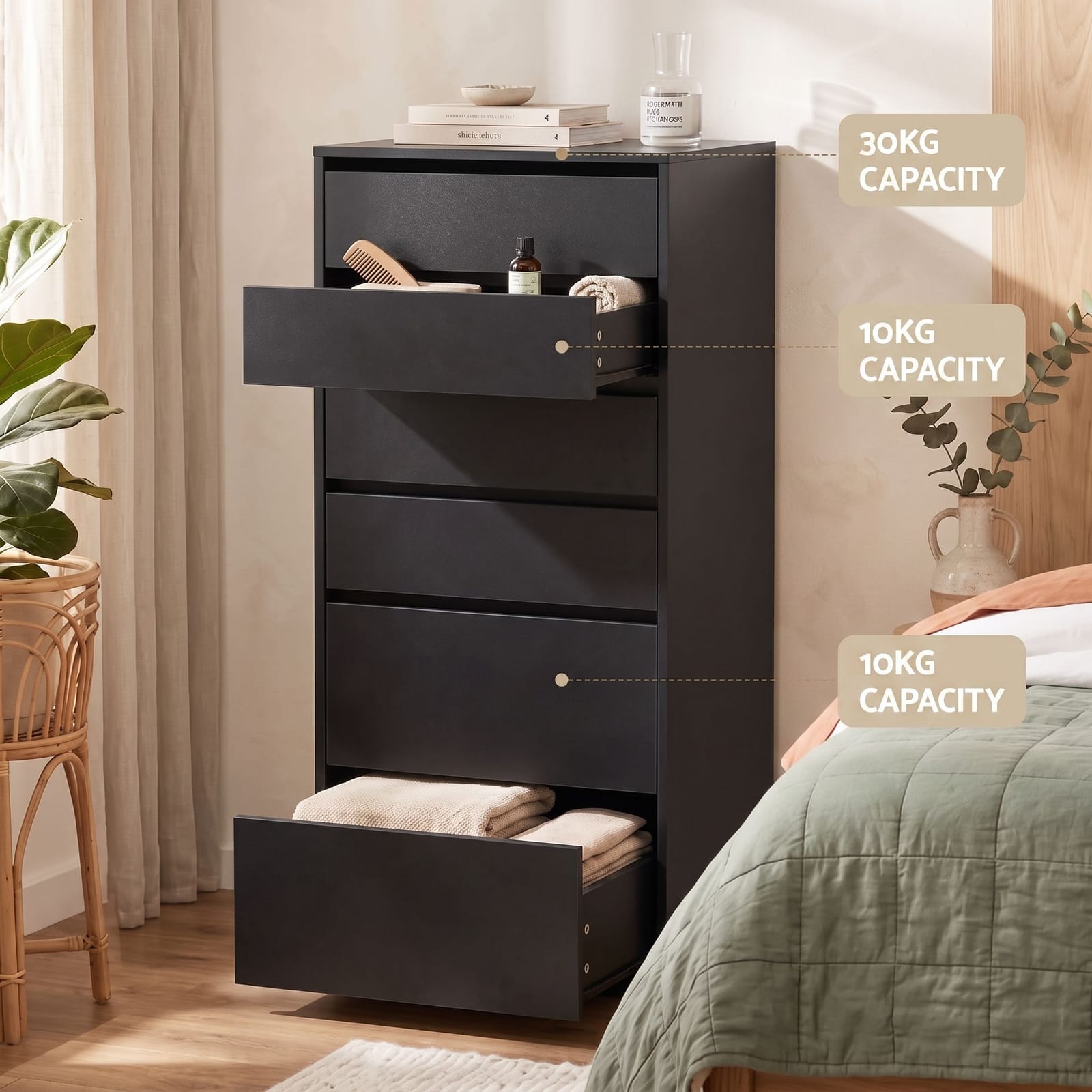 Tallboy Chest Black 6 Drawers 50.5x40x113cm