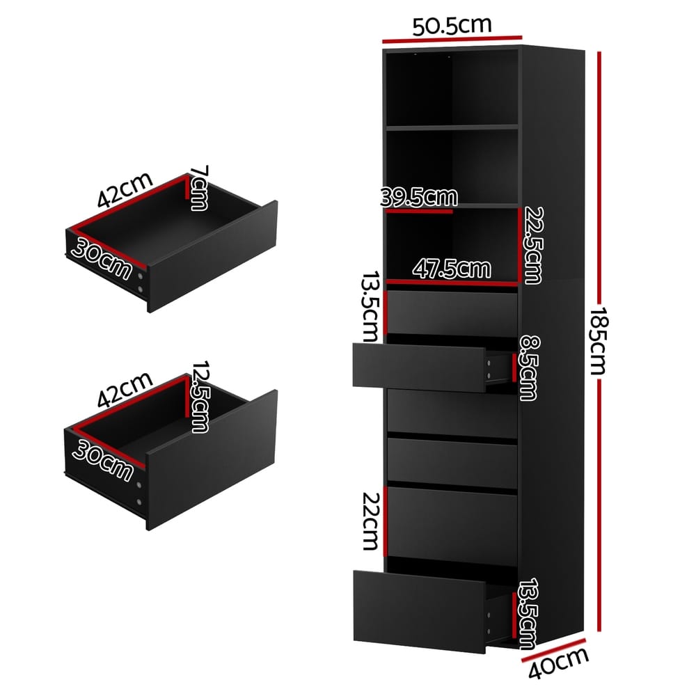 Tallboy Chest Black 6 Drawer 50.5x40x185cm