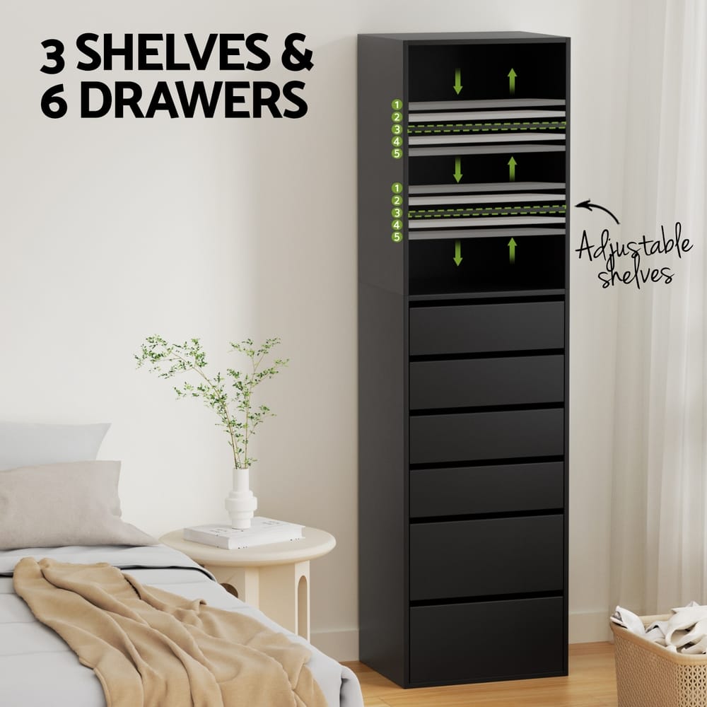 Tallboy Chest Black 6 Drawer 50.5x40x185cm