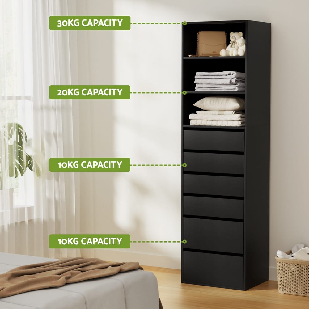 Tallboy Chest Black 6 Drawer 50.5x40x185cm