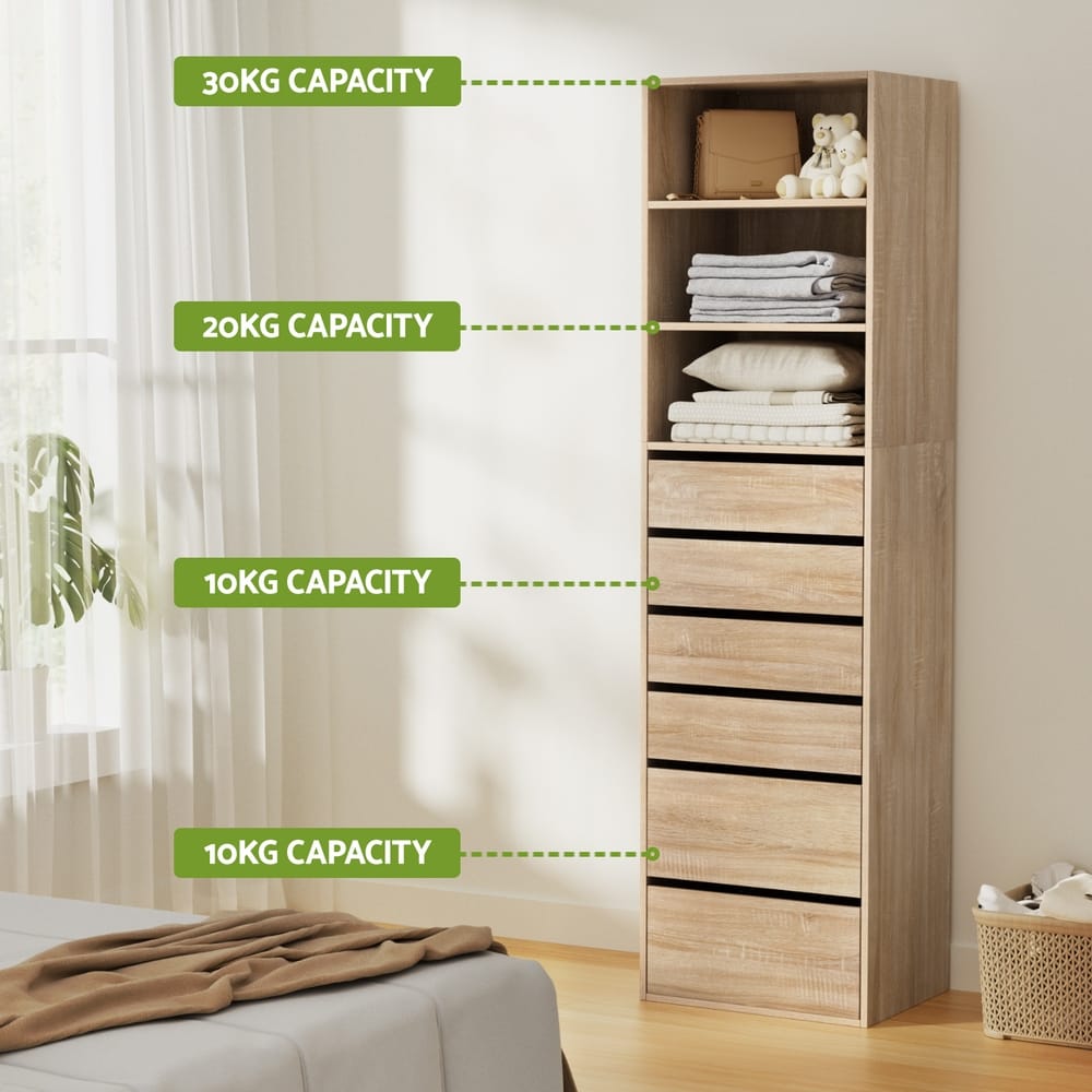 Tallboy Chest 6 Drawers Pine 50.5x40x185cm