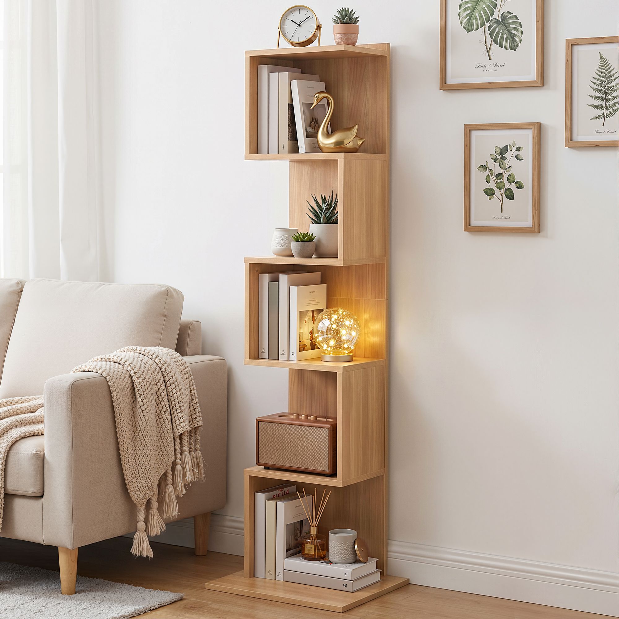 S-Shape 5-Tier Bookshelf Oak Bookcase | Simpledeals