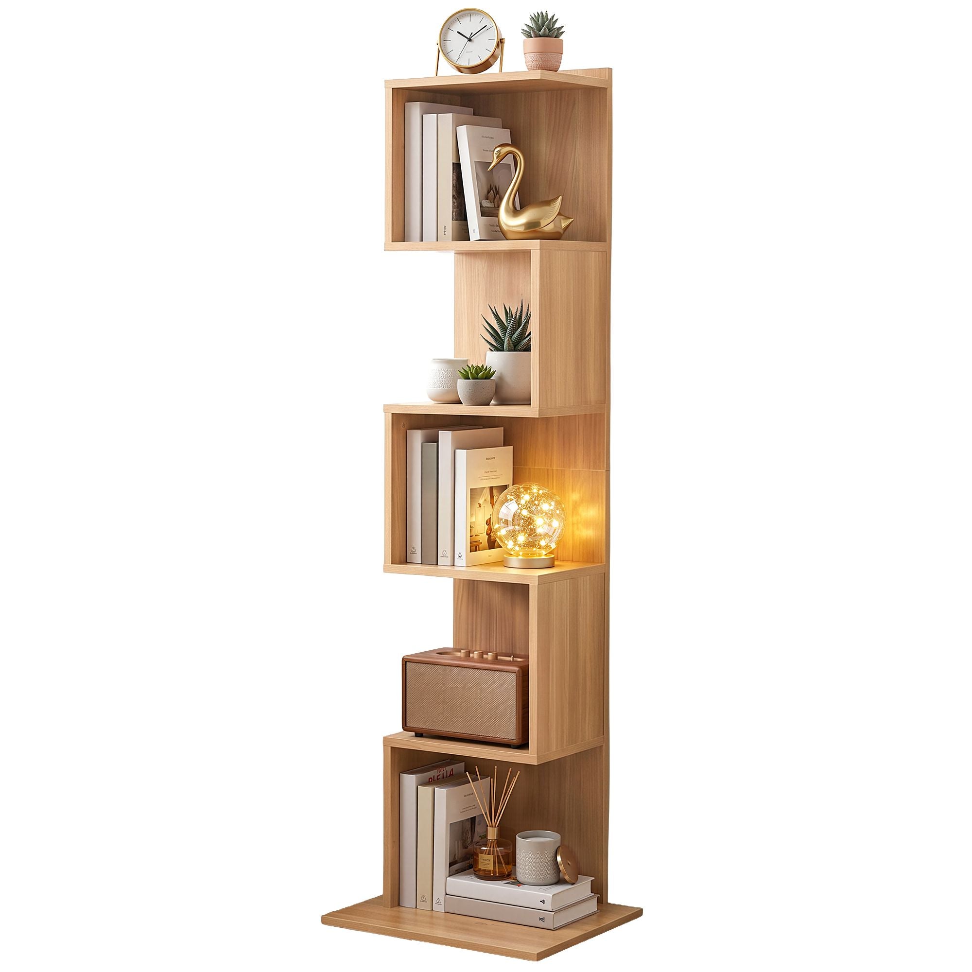 S-Shape 5-Tier Bookshelf Oak Bookcase | Simpledeals