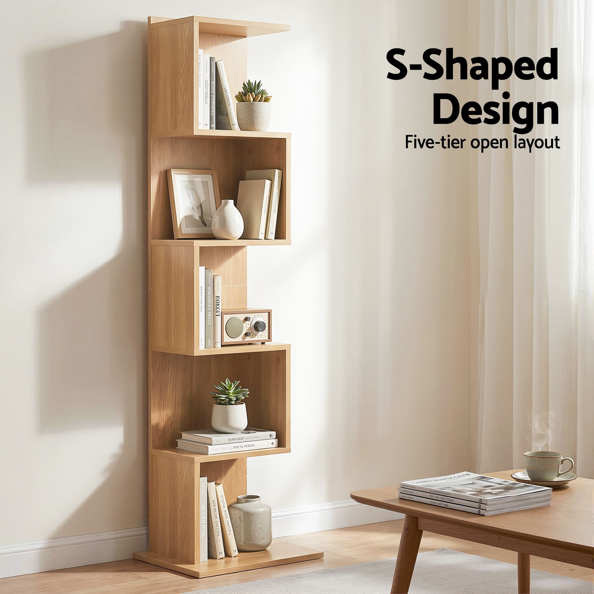 S-Shape 5-Tier Bookshelf Oak Bookcase | Simpledeals