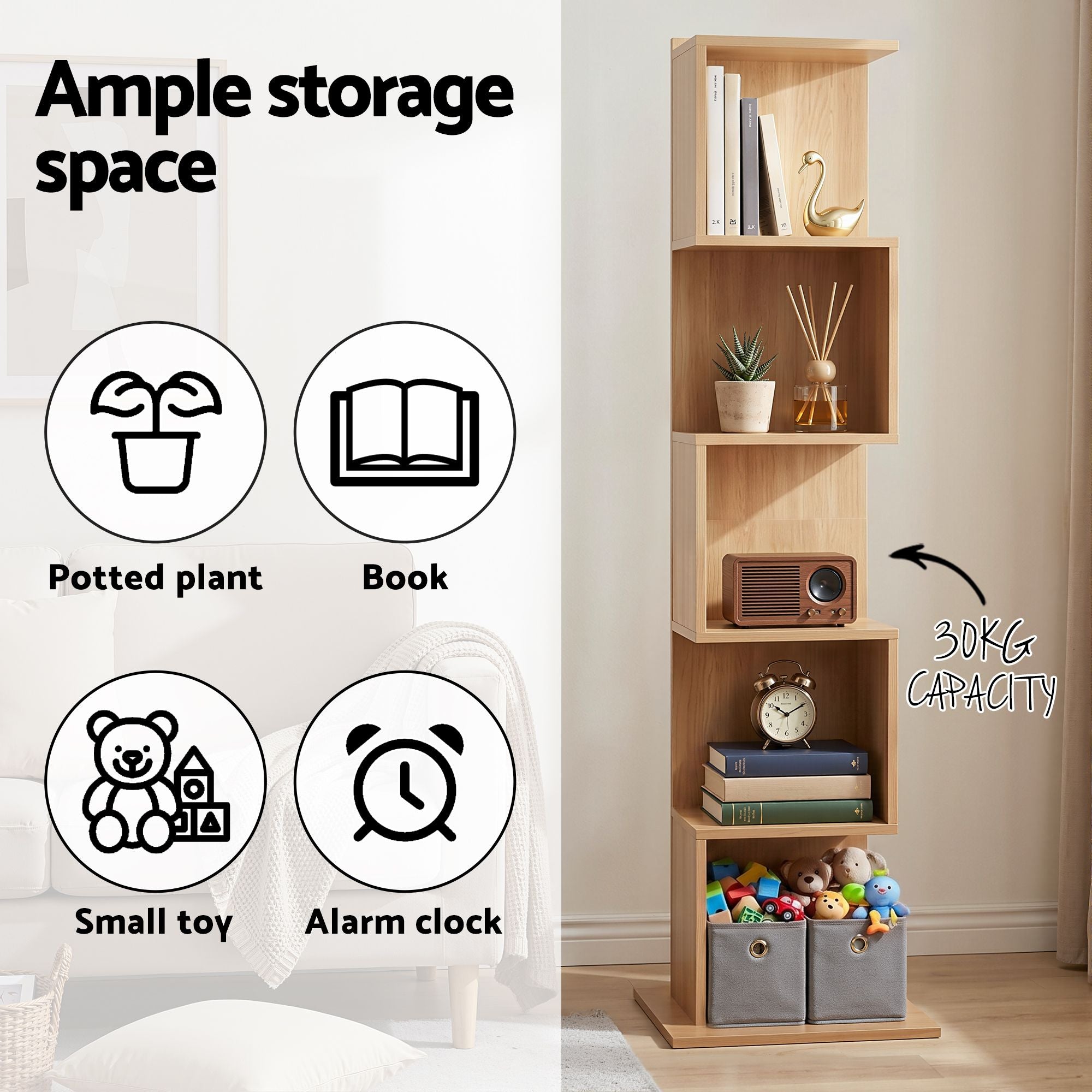 S-Shape 5-Tier Bookshelf Oak Bookcase | Simpledeals