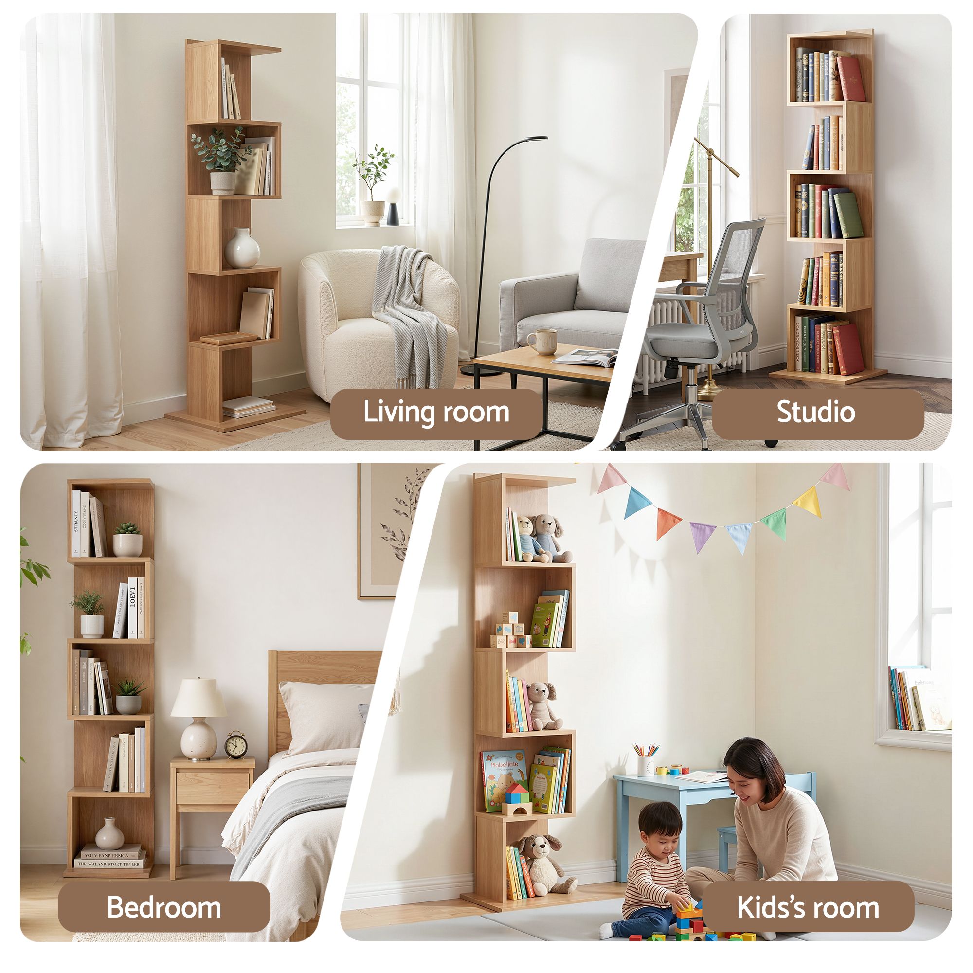 S-Shape 5-Tier Bookshelf Oak Bookcase | Simpledeals