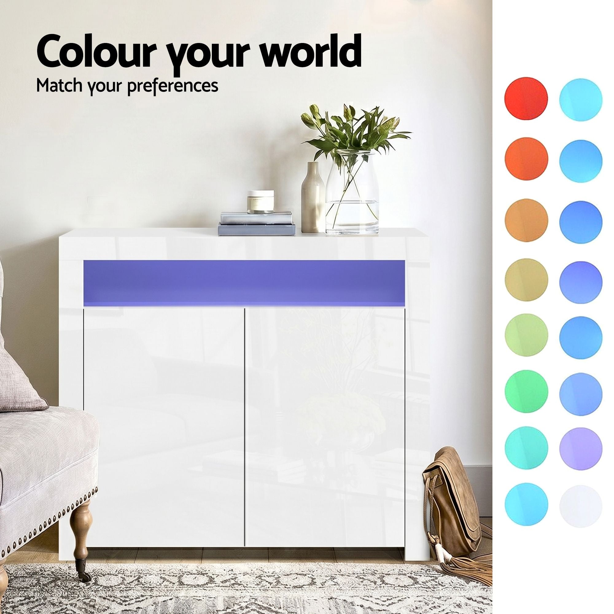 LED Buffet Sideboard Cabinet High Gloss Set 2 | Simpledeals