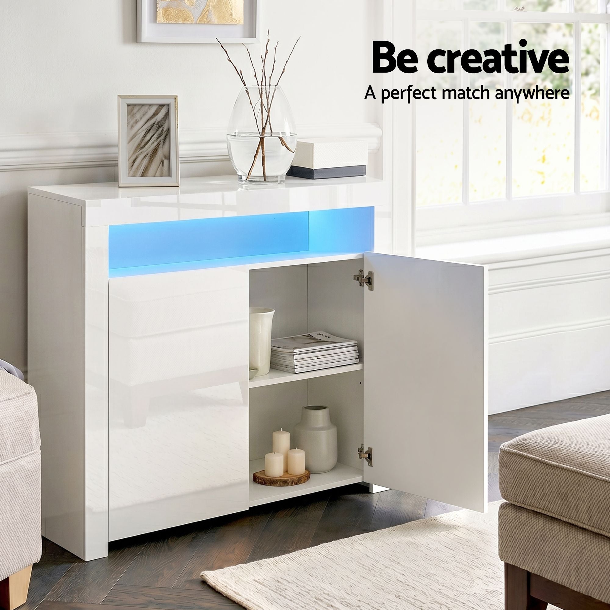 LED Buffet Sideboard Cabinet High Gloss Set 2 | Simpledeals