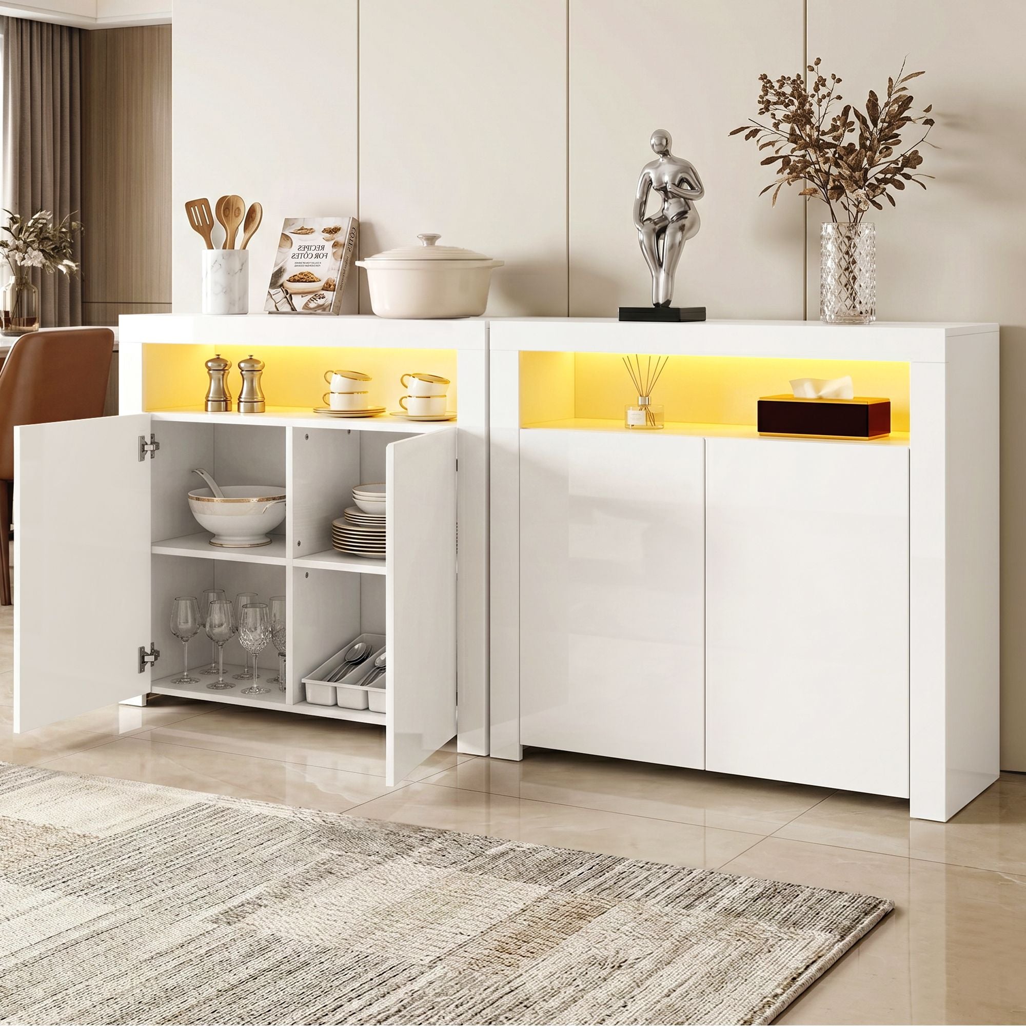LED Buffet Sideboard Cabinet High Gloss Set 2 | Simpledeals