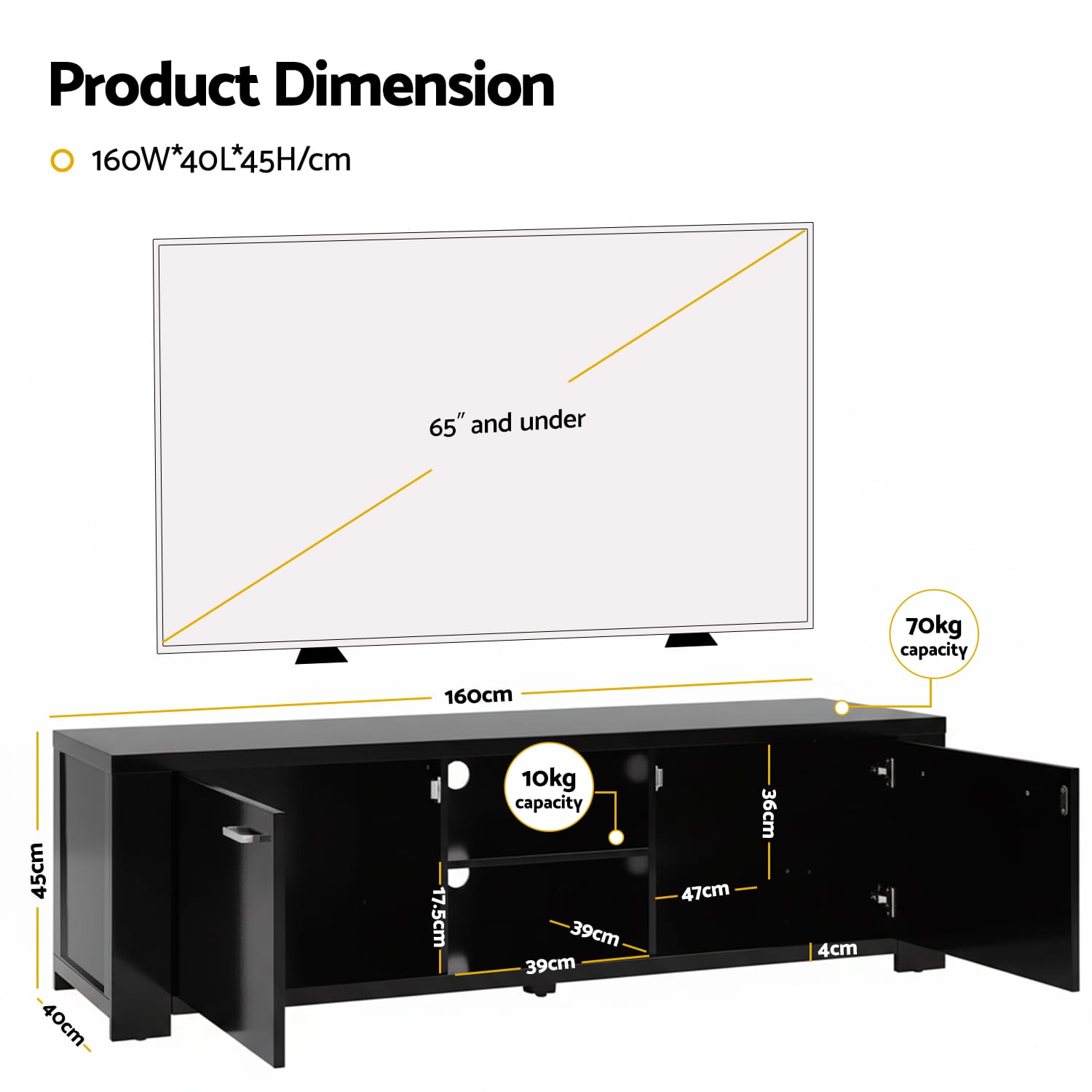 Black Tv Cabinet 160cm 160x40x45cm