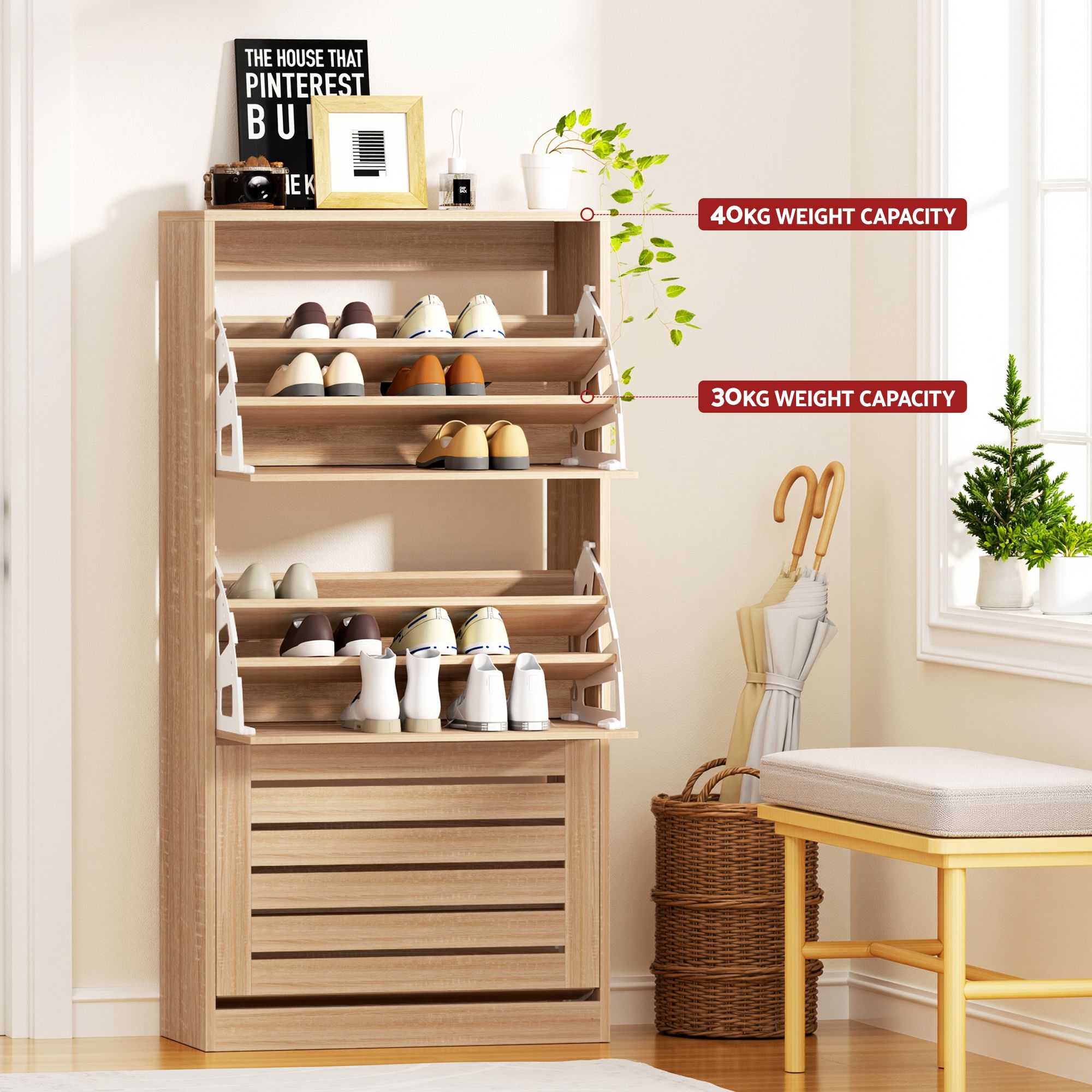 Pine Shoe Cabinet 3 Flip Drawer Storage Set | Simpledeals