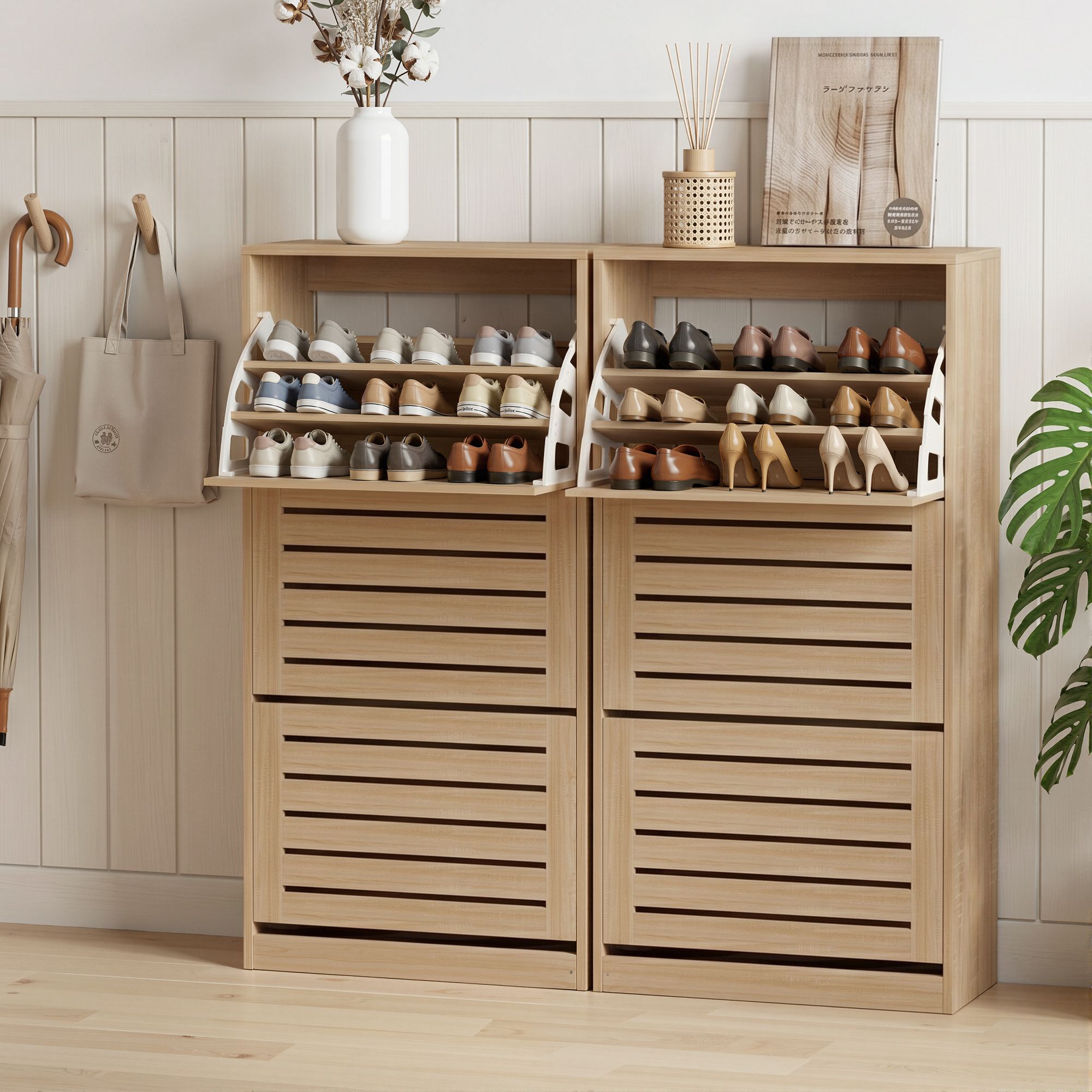 Pine Shoe Cabinet 3 Flip Drawer Storage Set | Simpledeals