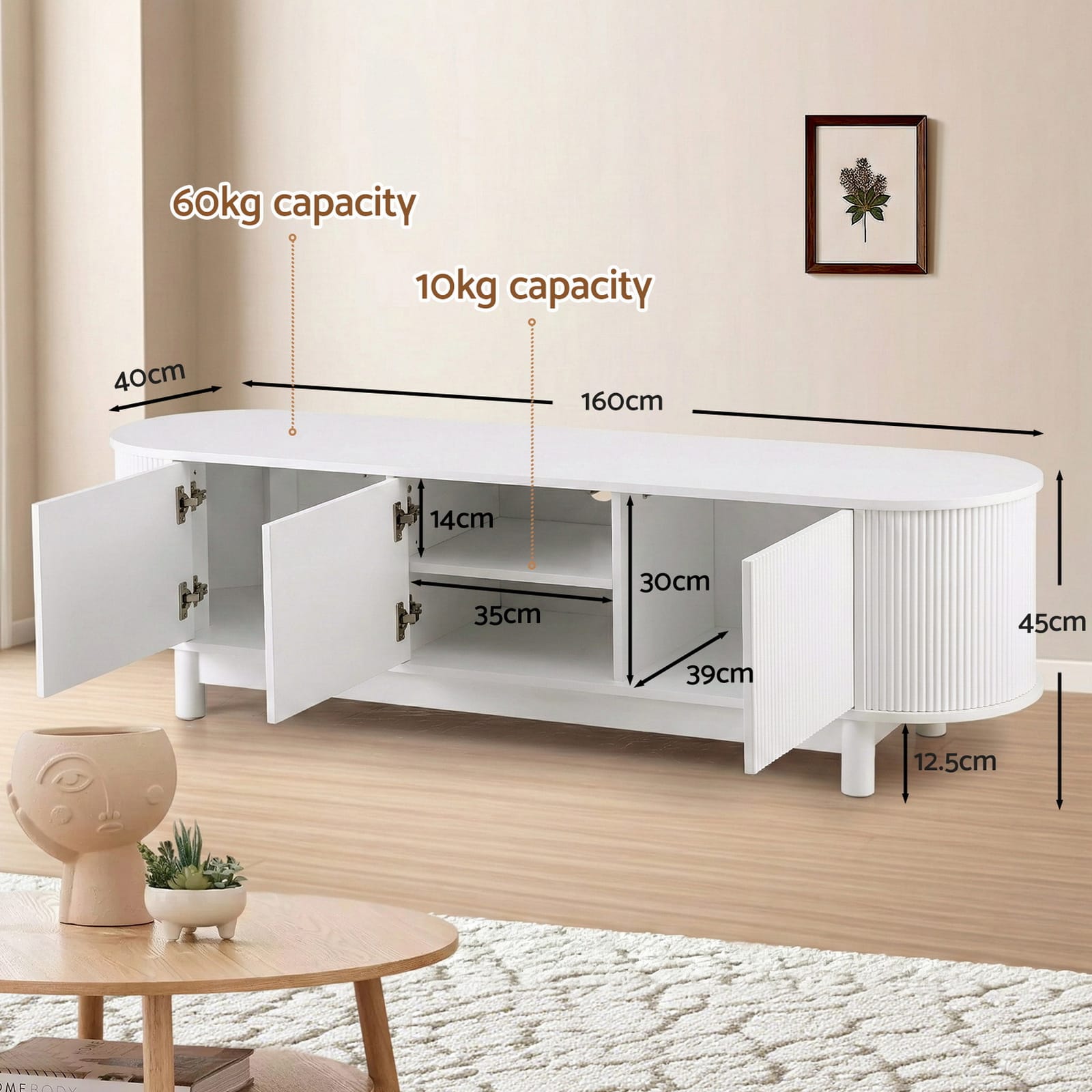 White TV Unit Storage Cabinet 160x40x45cm