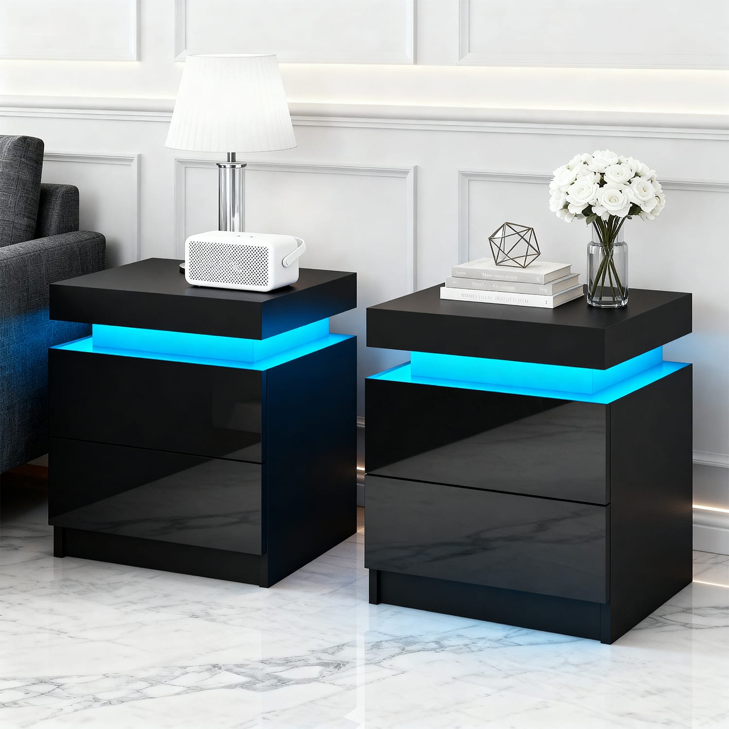 Bedside Table LED Storage 45x35x52.5cm