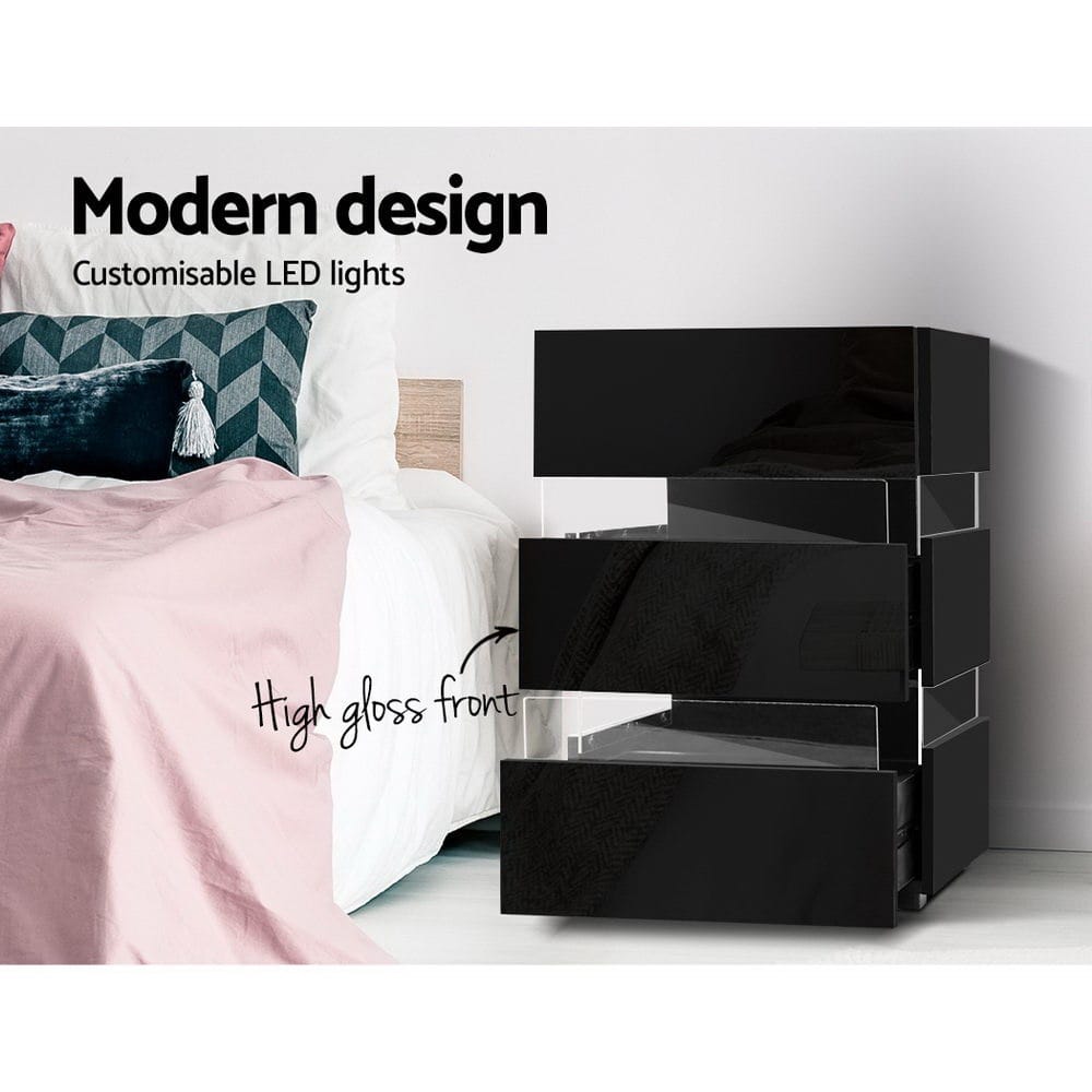Bedside Table LED 3 Drawers Black 45x35x67cm