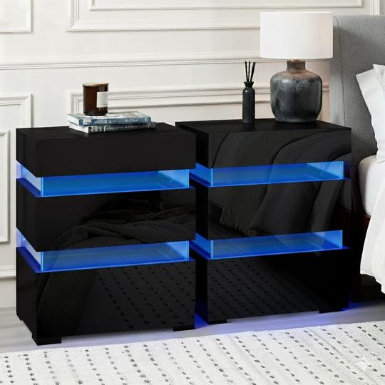 Bedside Table LED 3 Drawers Black 45x35x67cm