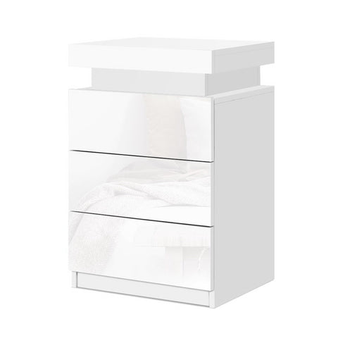 Bedside Table Led 3 Drawers - Coley White