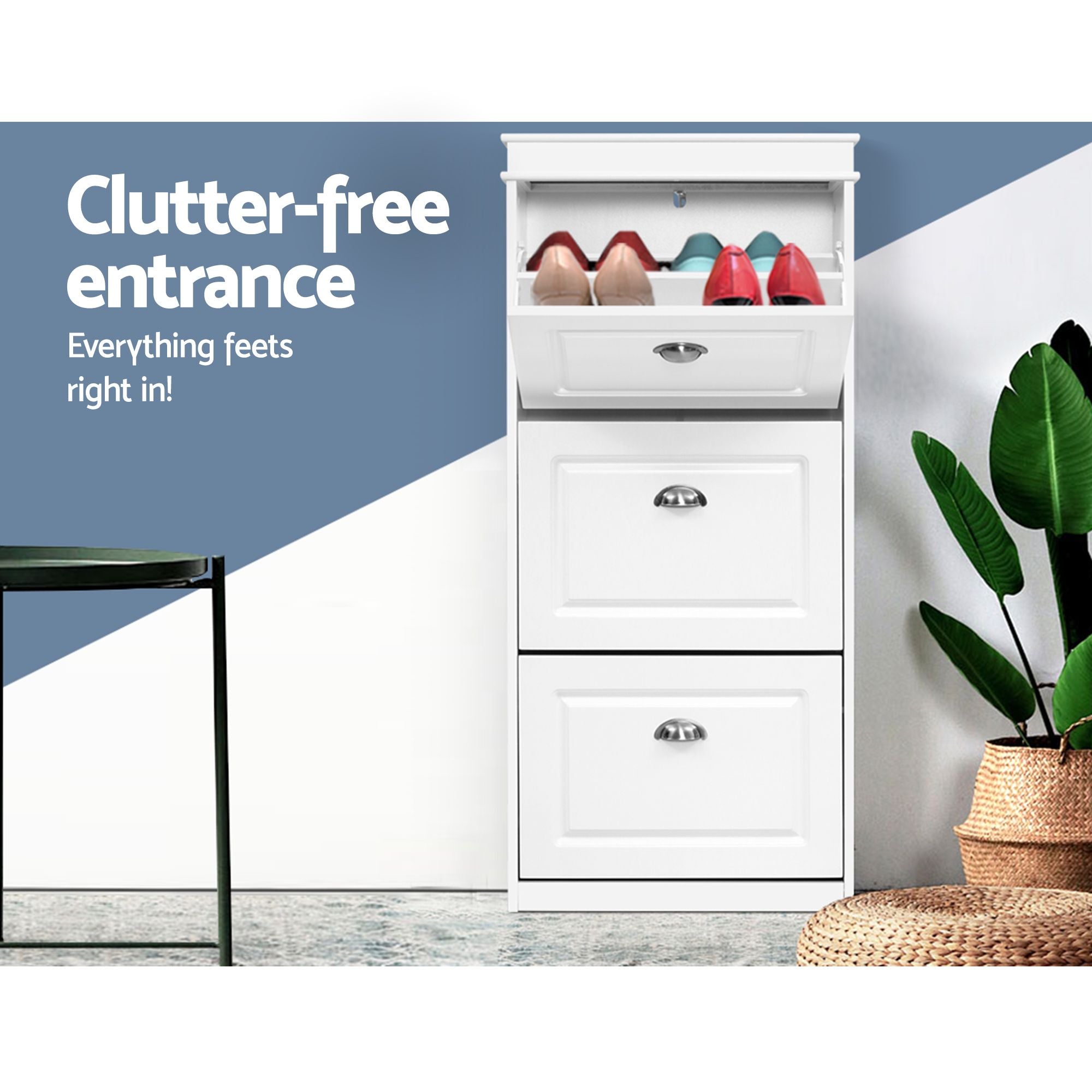 Shoe Cabinet 3 Flip Drawer White 2-Pack | Simpledeals