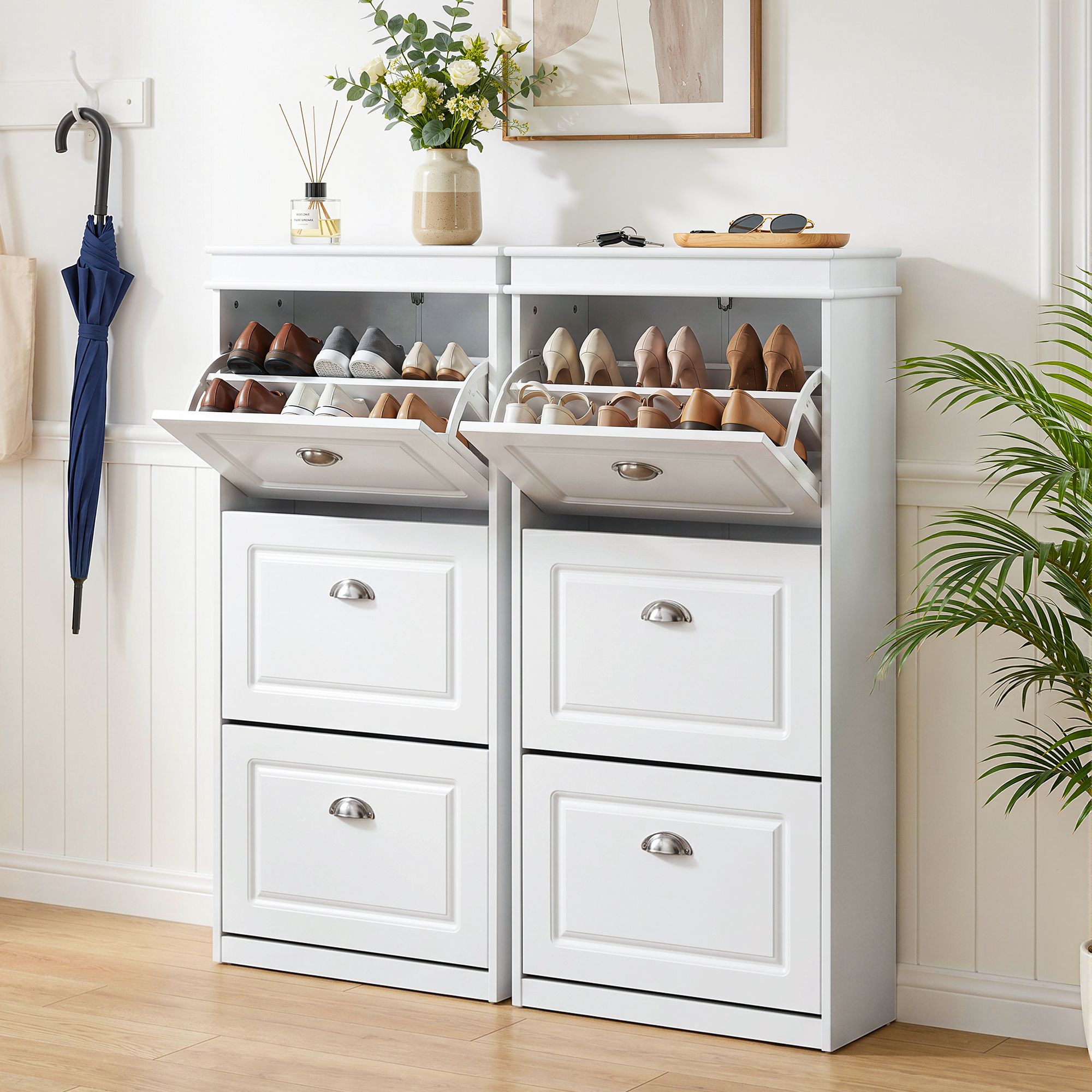 Shoe Cabinet 3 Flip Drawer White 2-Pack | Simpledeals